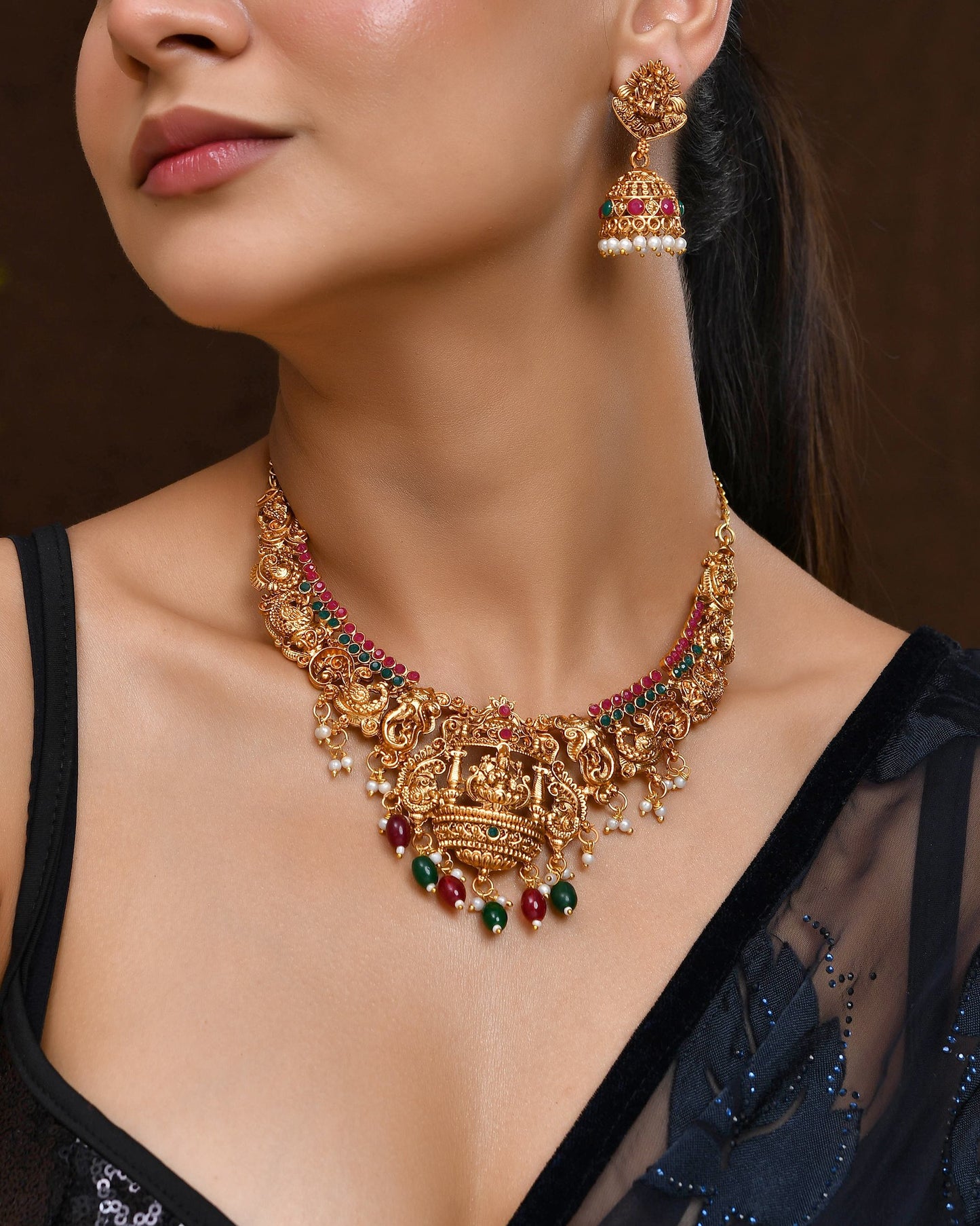 VOJ Gold Polished Beaded Temple Jewellery Set - Swadesiicart