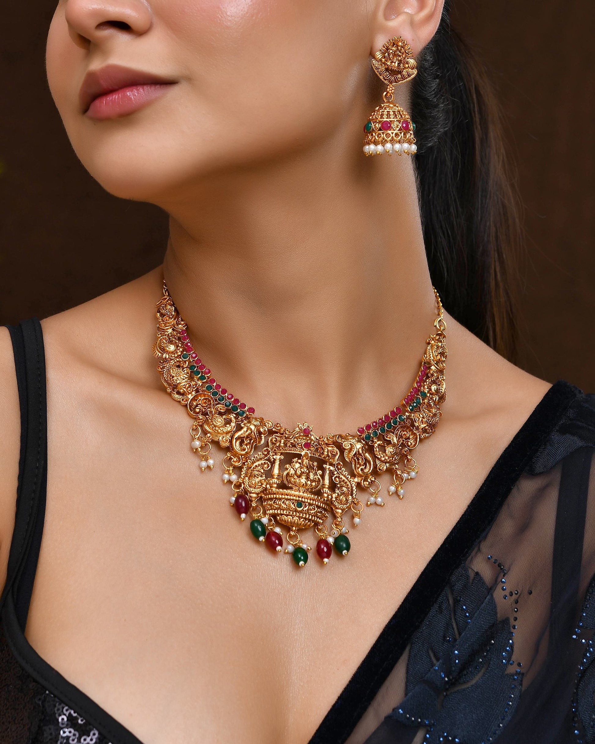 VOJ Gold Polished Beaded Temple Jewellery Set - Swadesiicart