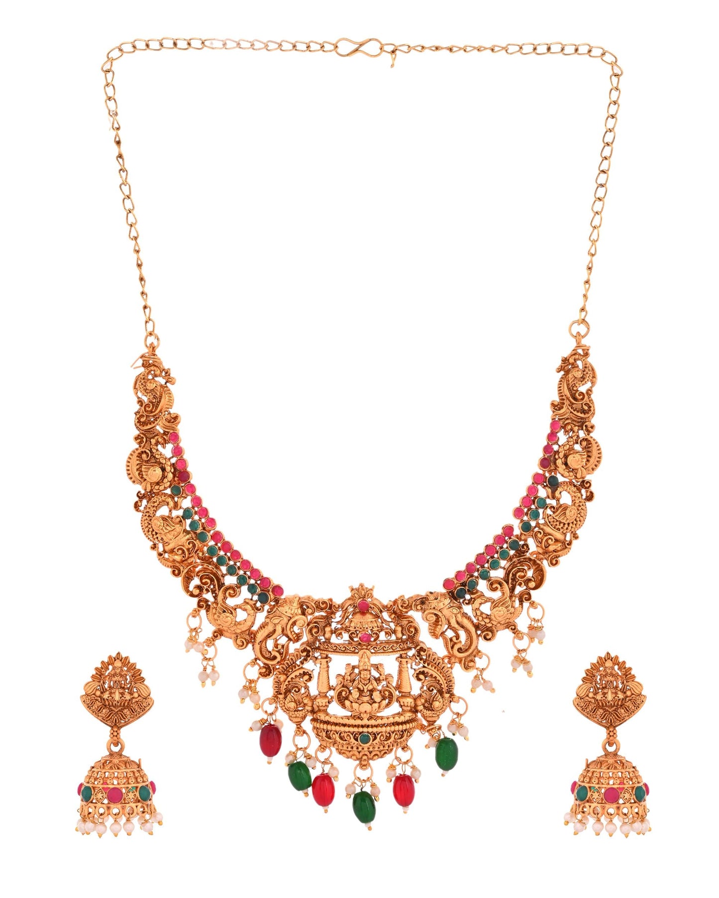 VOJ Gold Polished Beaded Temple Jewellery Set - Swadesiicart