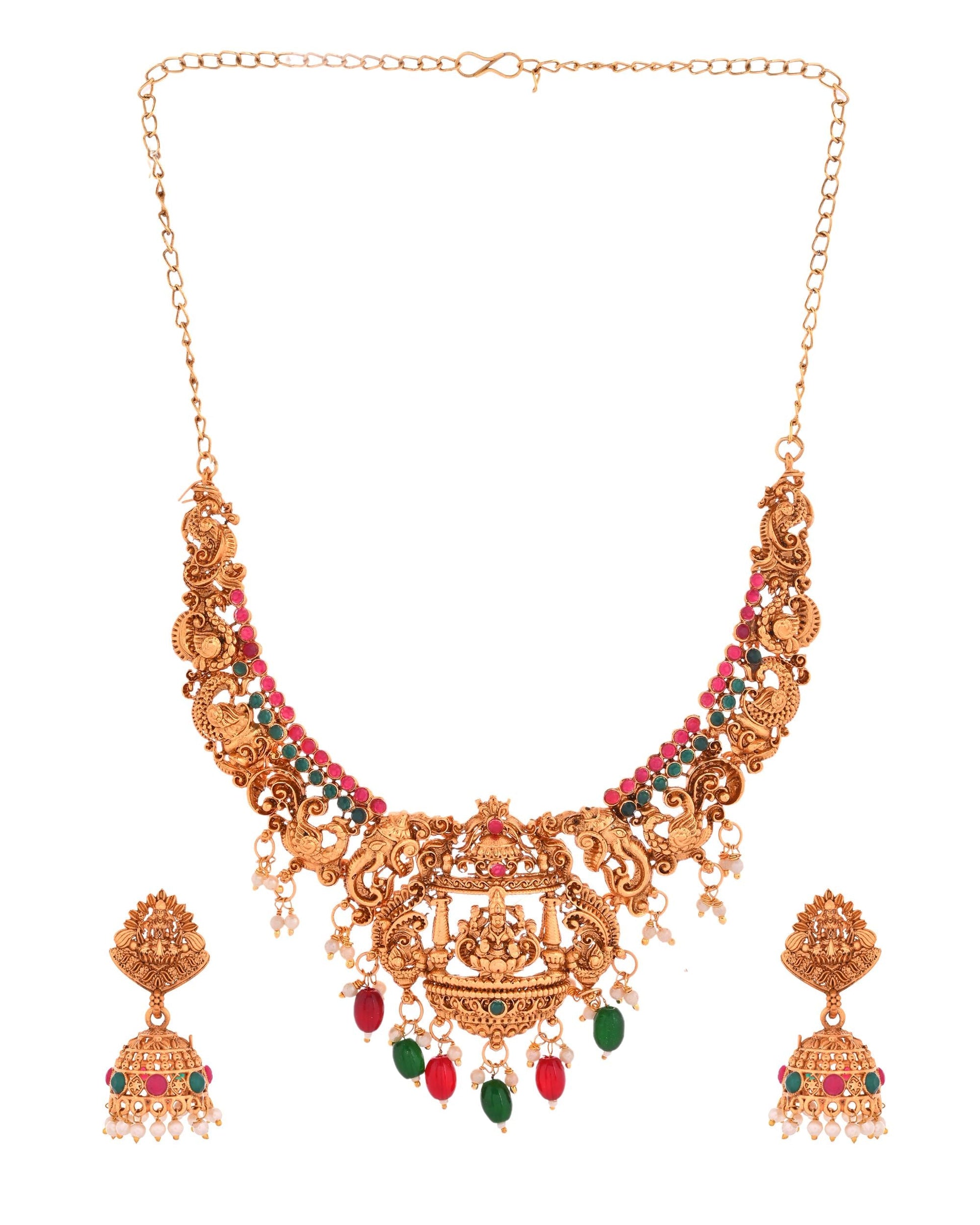 VOJ Gold Polished Beaded Temple Jewellery Set - Swadesiicart