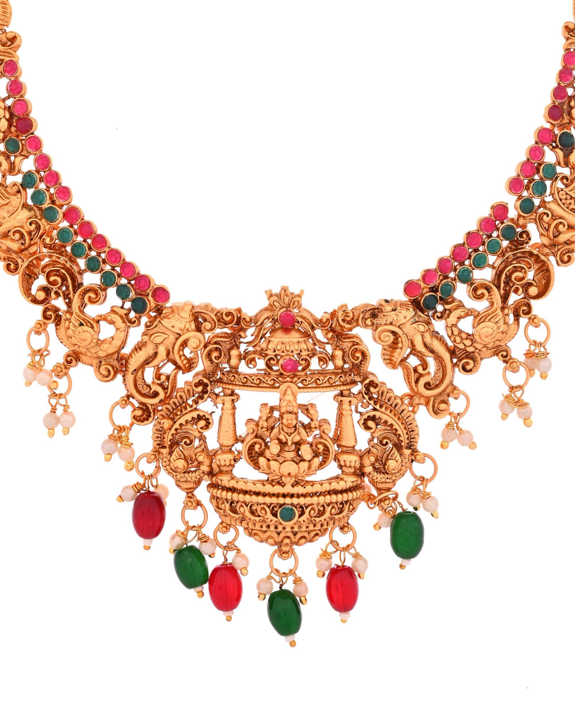 VOJ Gold Polished Beaded Temple Jewellery Set - Swadesiicart