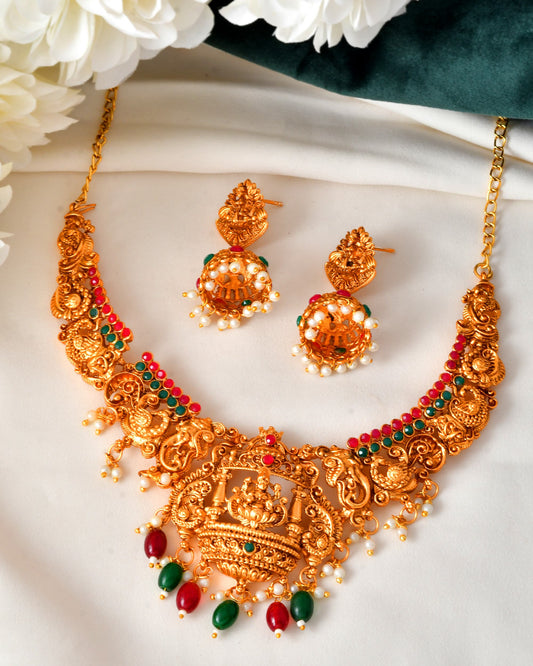 VOJ Gold Polished Beaded Temple Jewellery Set - Swadesiicart