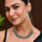 VOJ Oxidized Silver Toned Green And Pink Stone Studded Jewellery Set - Swadesiicart