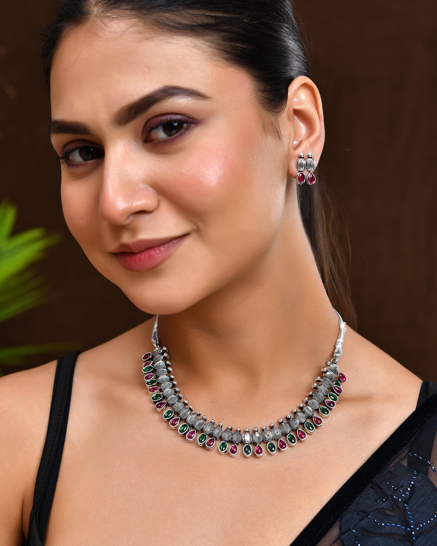 VOJ Oxidized Silver Toned Green And Pink Stone Studded Jewellery Set - Swadesiicart