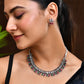 VOJ Oxidized Silver Toned Green And Pink Stone Studded Jewellery Set - Swadesiicart
