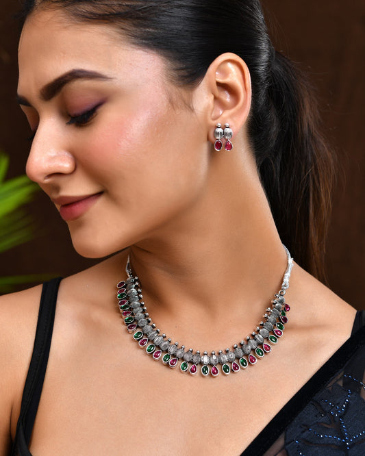 VOJ Oxidized Silver Toned Green And Pink Stone Studded Jewellery Set - Swadesiicart