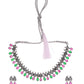 VOJ Oxidized Silver Toned Green And Pink Stone Studded Jewellery Set - Swadesiicart