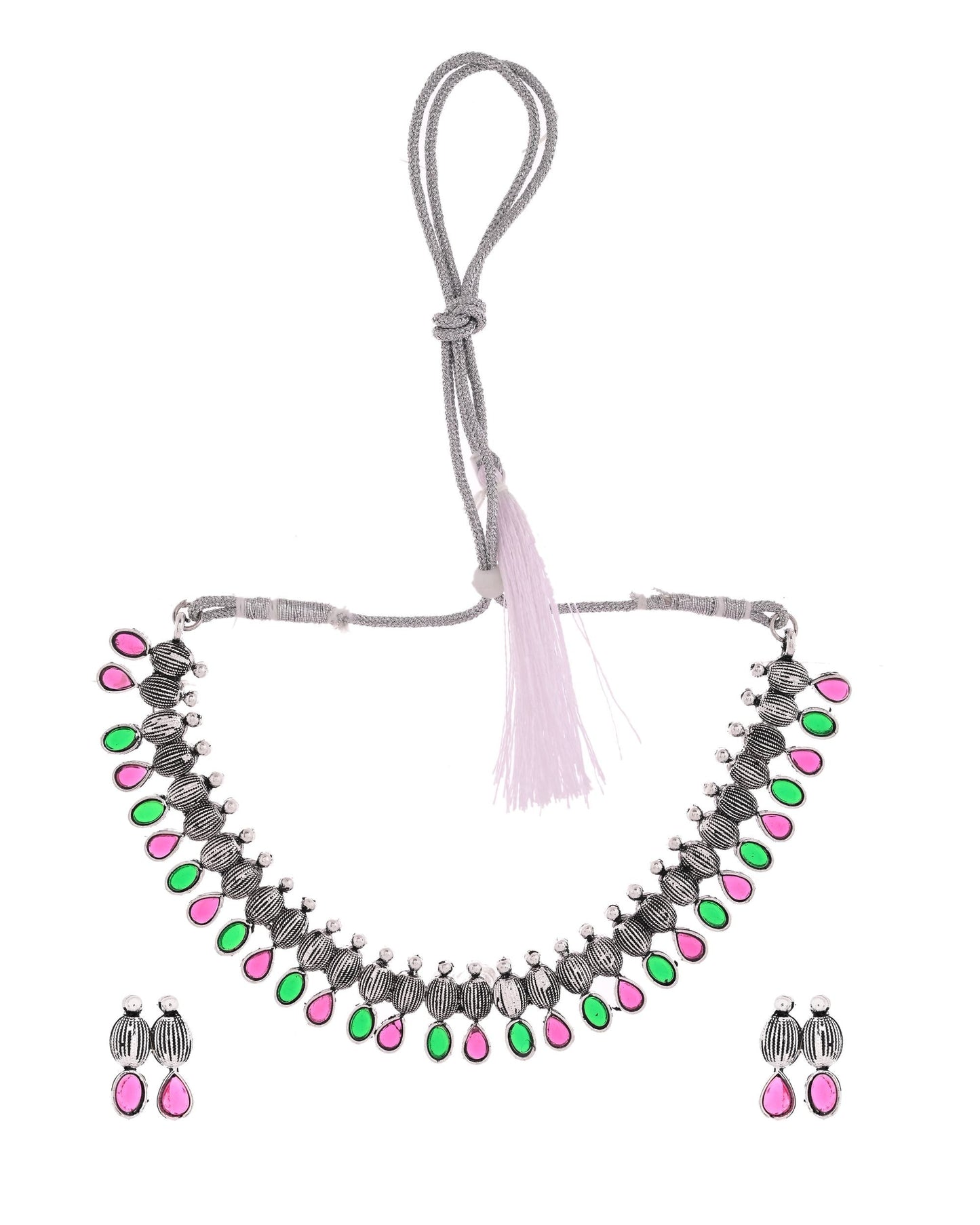 VOJ Oxidized Silver Toned Green And Pink Stone Studded Jewellery Set - Swadesiicart