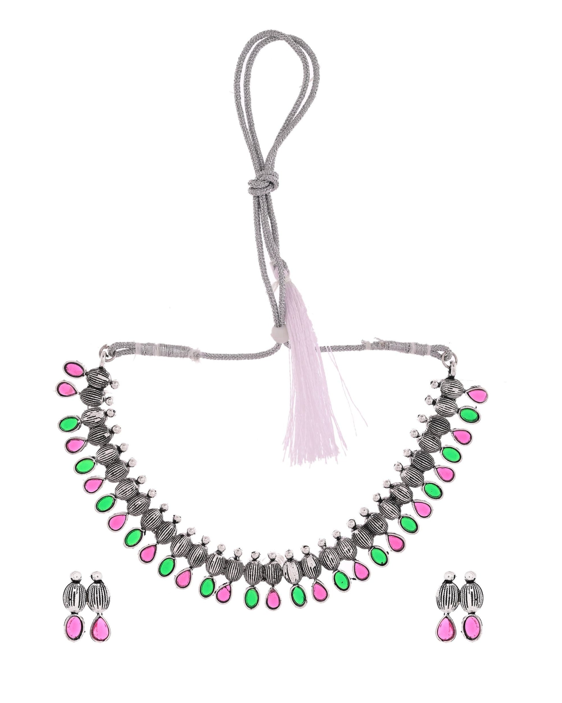 VOJ Oxidized Silver Toned Green And Pink Stone Studded Jewellery Set - Swadesiicart
