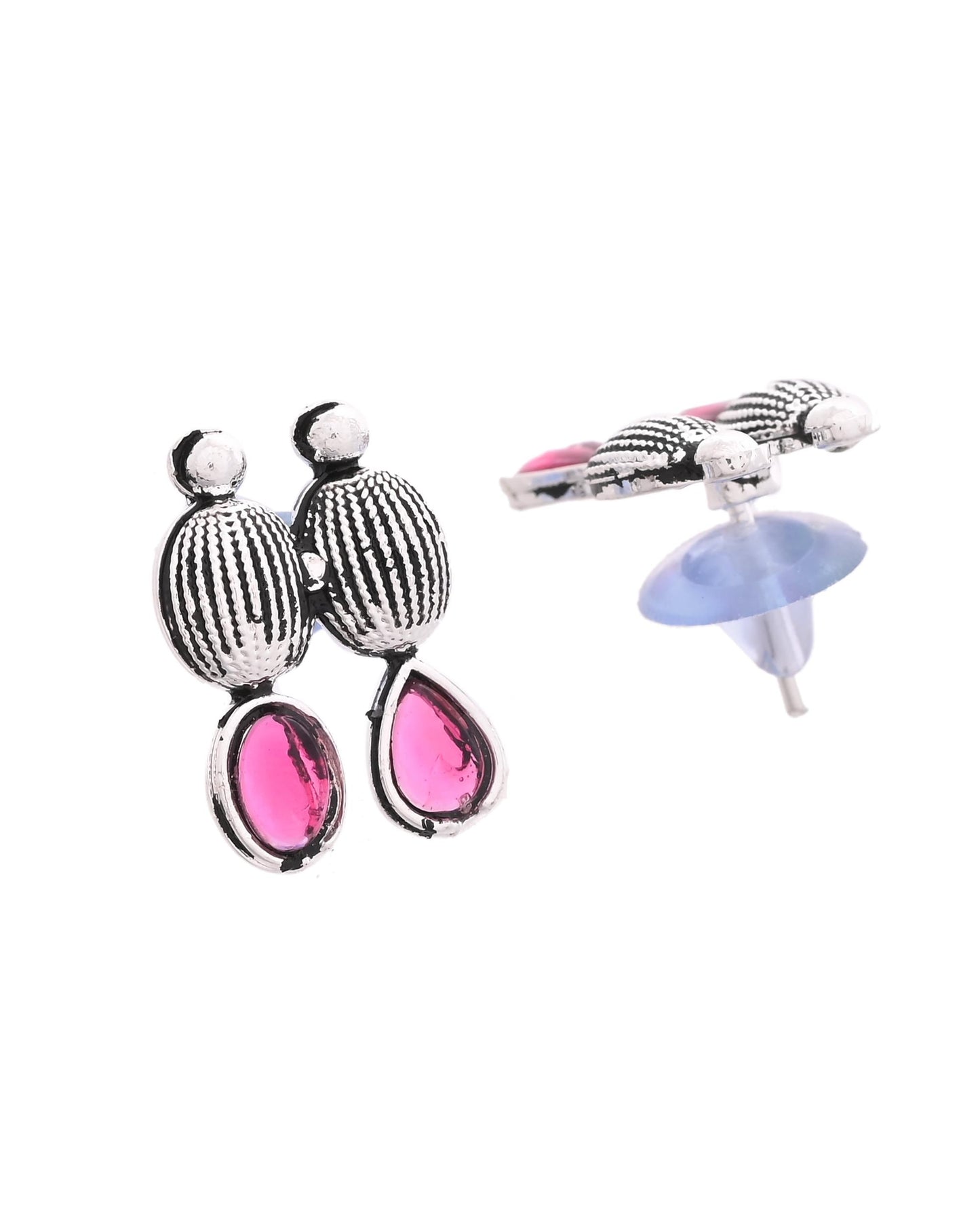 VOJ Oxidized Silver Toned Green And Pink Stone Studded Jewellery Set - Swadesiicart