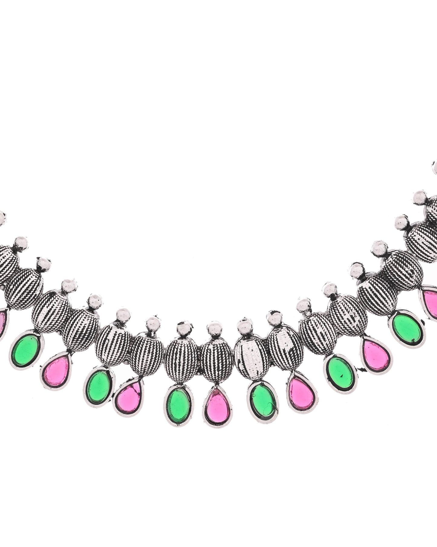 VOJ Oxidized Silver Toned Green And Pink Stone Studded Jewellery Set - Swadesiicart