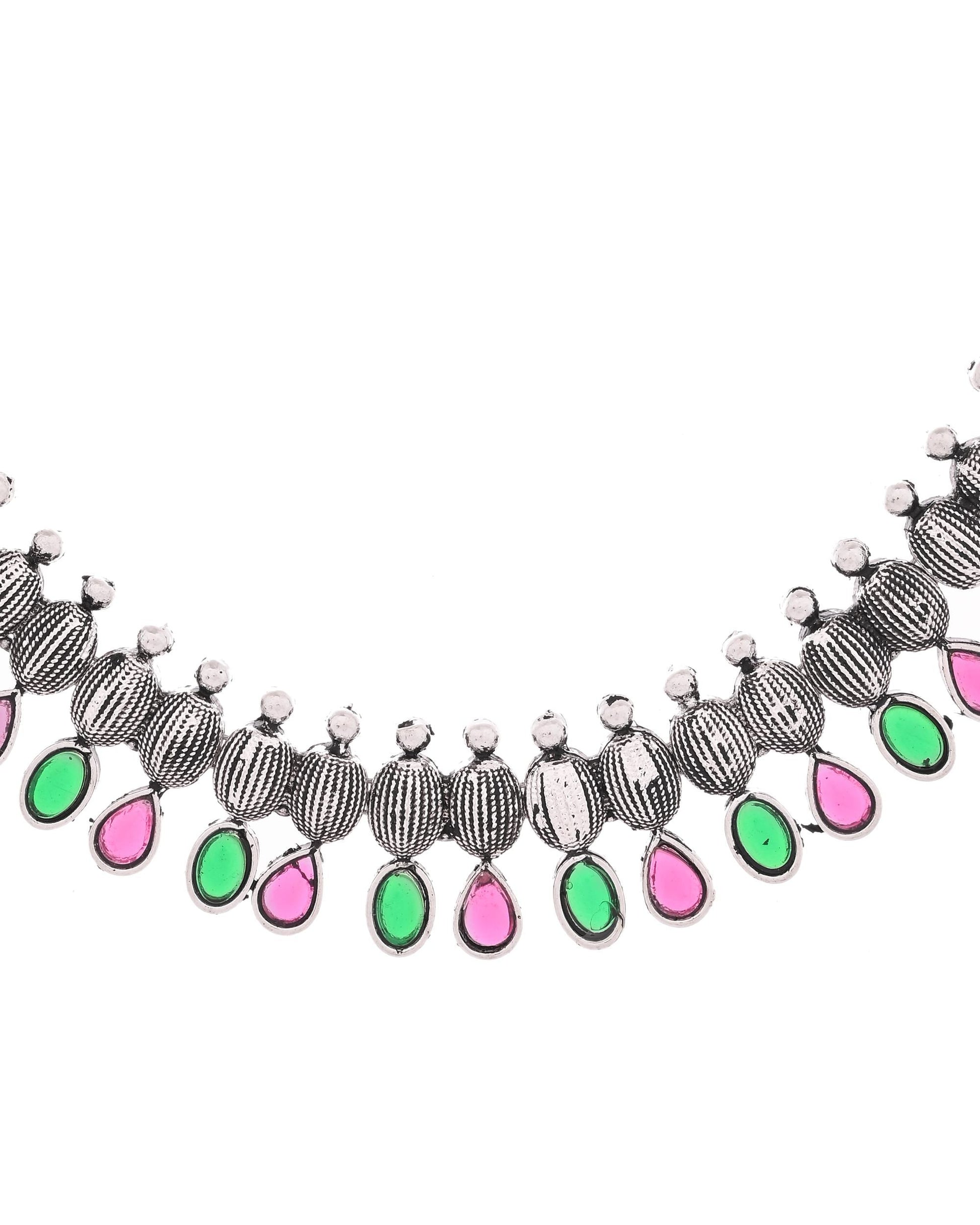 VOJ Oxidized Silver Toned Green And Pink Stone Studded Jewellery Set - Swadesiicart