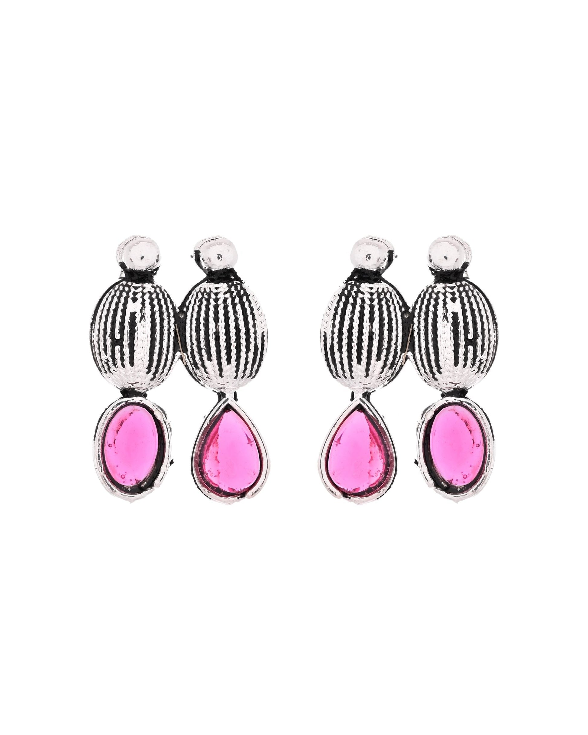 VOJ Oxidized Silver Toned Green And Pink Stone Studded Jewellery Set - Swadesiicart
