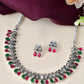 VOJ Oxidized Silver Toned Green And Pink Stone Studded Jewellery Set - Swadesiicart