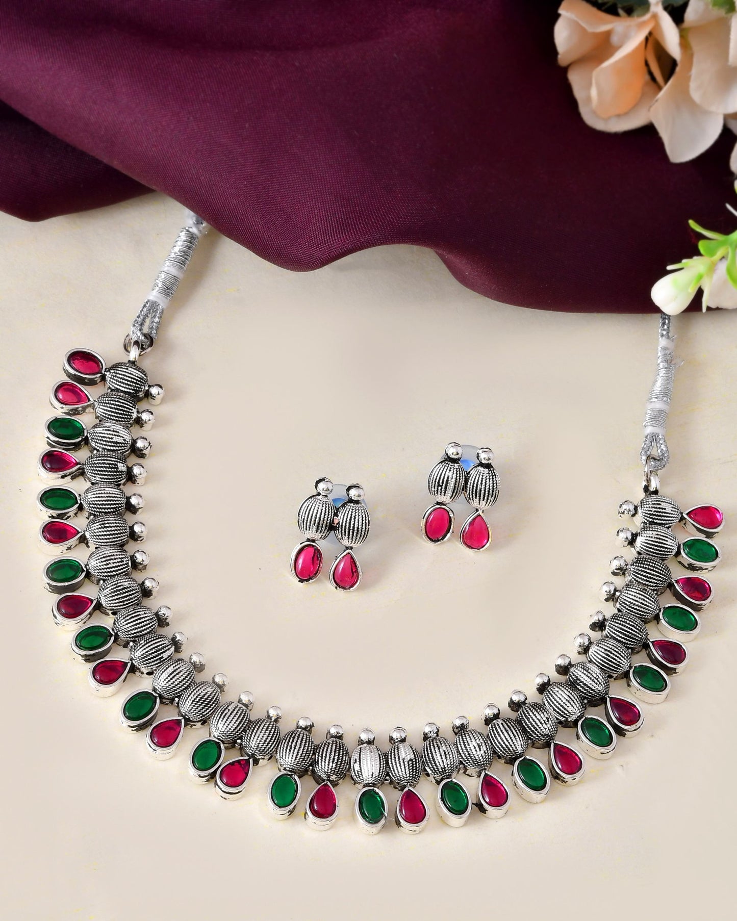VOJ Oxidized Silver Toned Green And Pink Stone Studded Jewellery Set - Swadesiicart