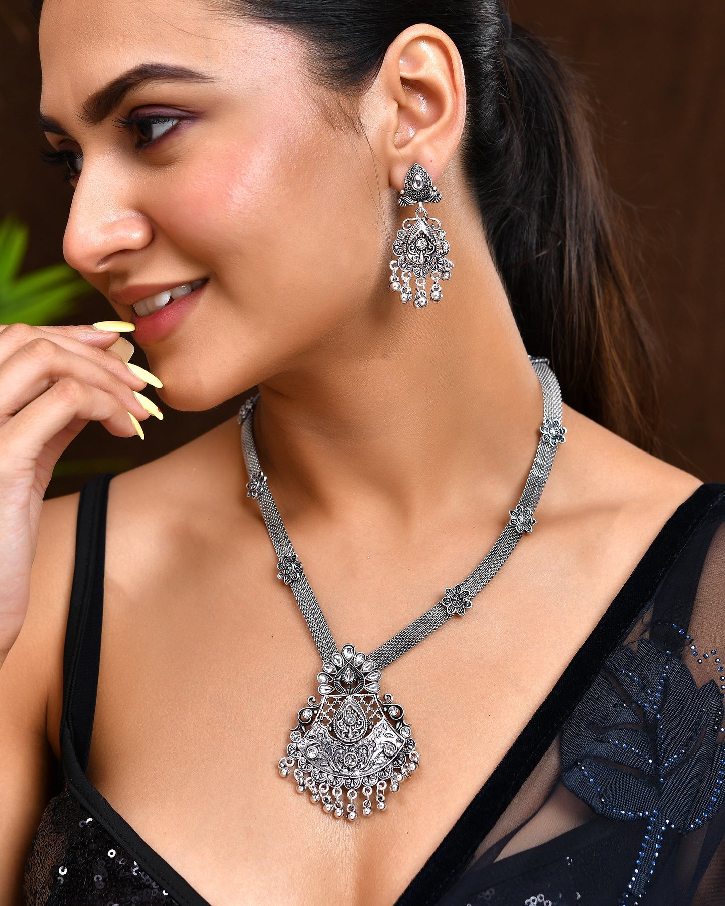 VOJ Oxidized Silver-Plated Artificial Beaded Long Jewellery Set - Swadesiicart