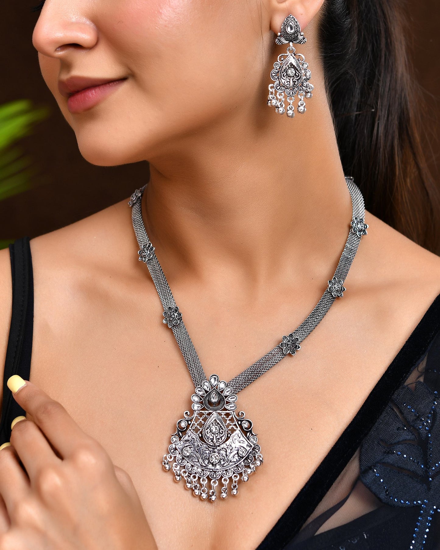 VOJ Oxidized Silver-Plated Artificial Beaded Long Jewellery Set - Swadesiicart