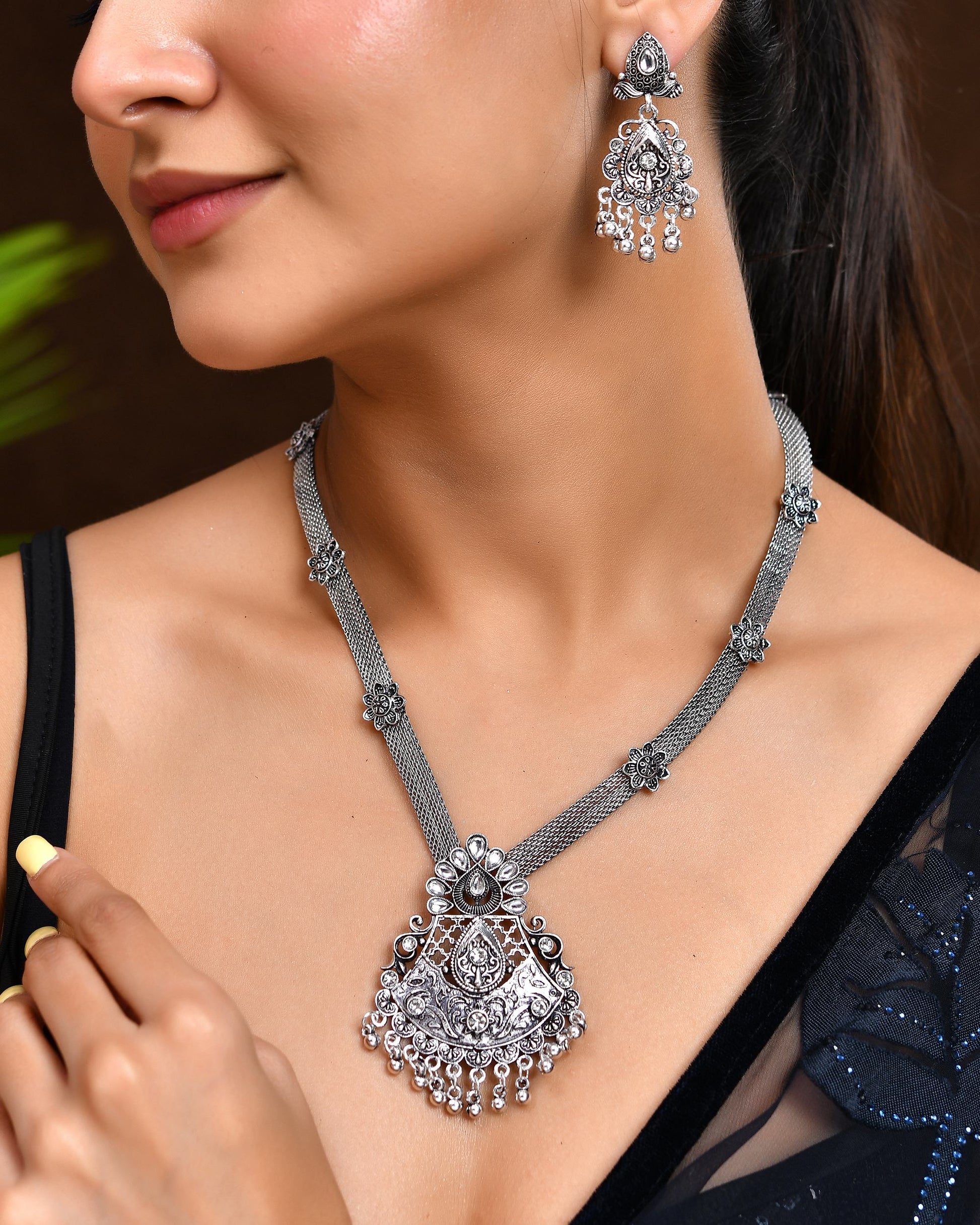VOJ Oxidized Silver-Plated Artificial Beaded Long Jewellery Set - Swadesiicart