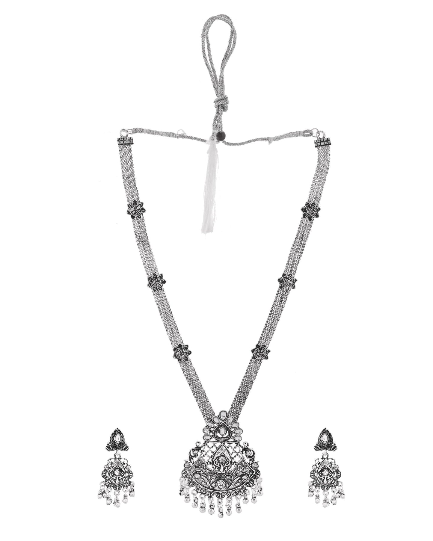 VOJ Oxidized Silver-Plated Artificial Beaded Long Jewellery Set - Swadesiicart