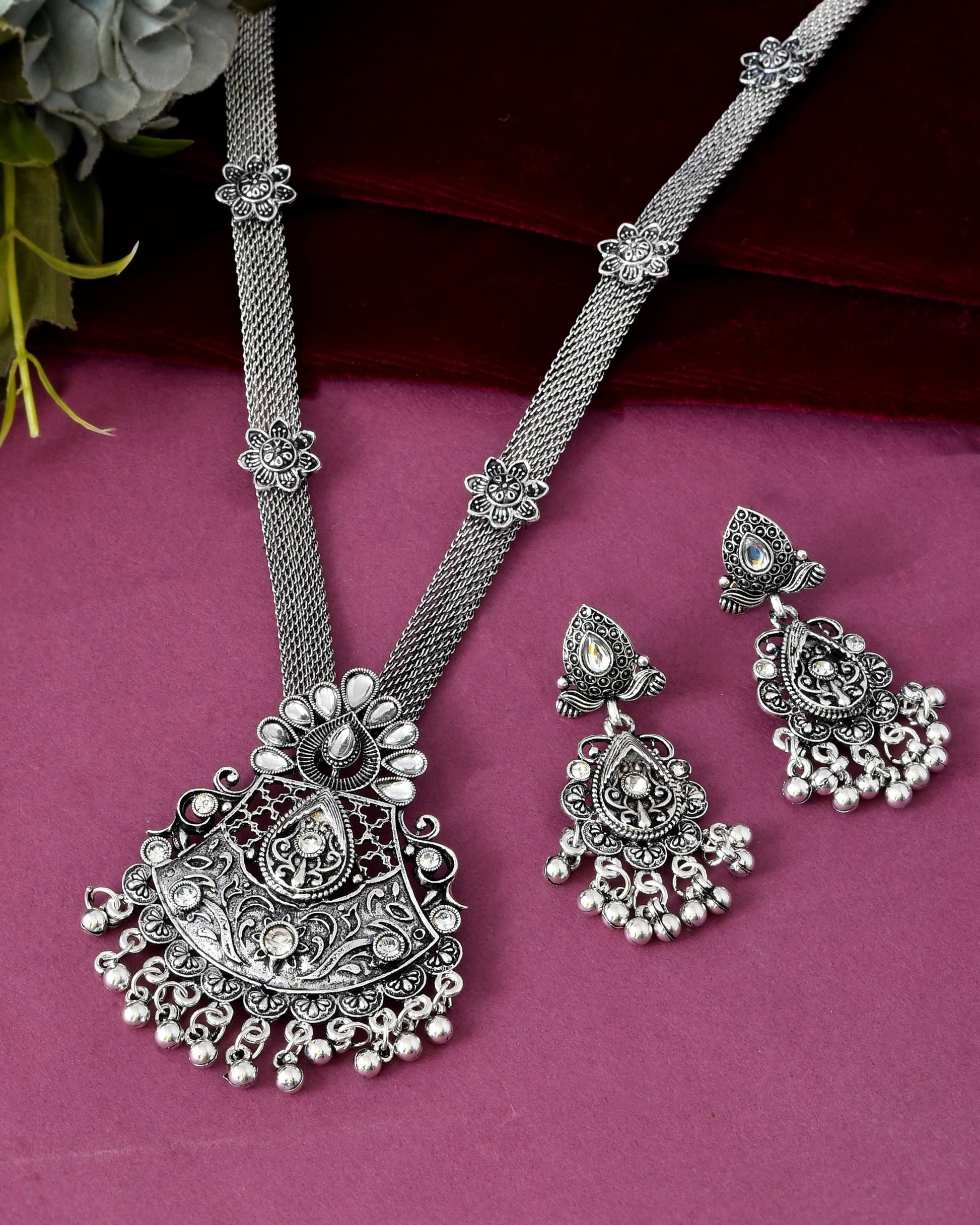 VOJ Oxidized Silver-Plated Artificial Beaded Long Jewellery Set - Swadesiicart