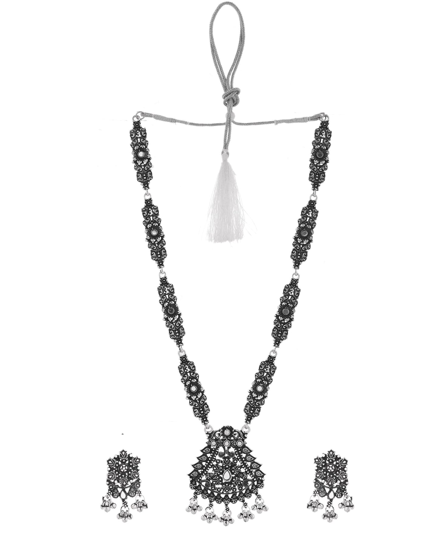 VOJ Oxidized Silver-Plated Artificial Stone And Beaded Long Jewellery Set - Swadesiicart