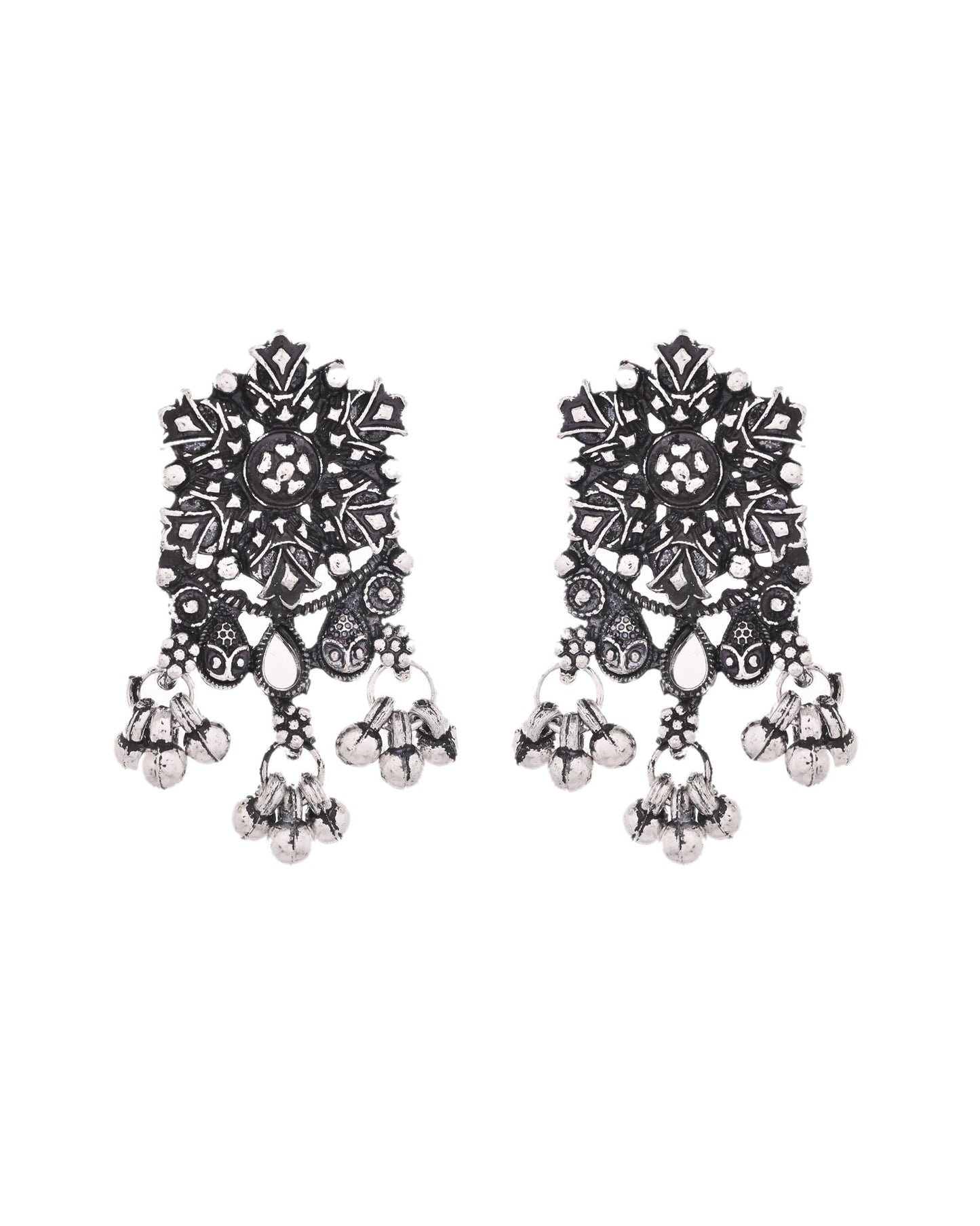 VOJ Oxidized Silver-Plated Artificial Stone And Beaded Long Jewellery Set - Swadesiicart