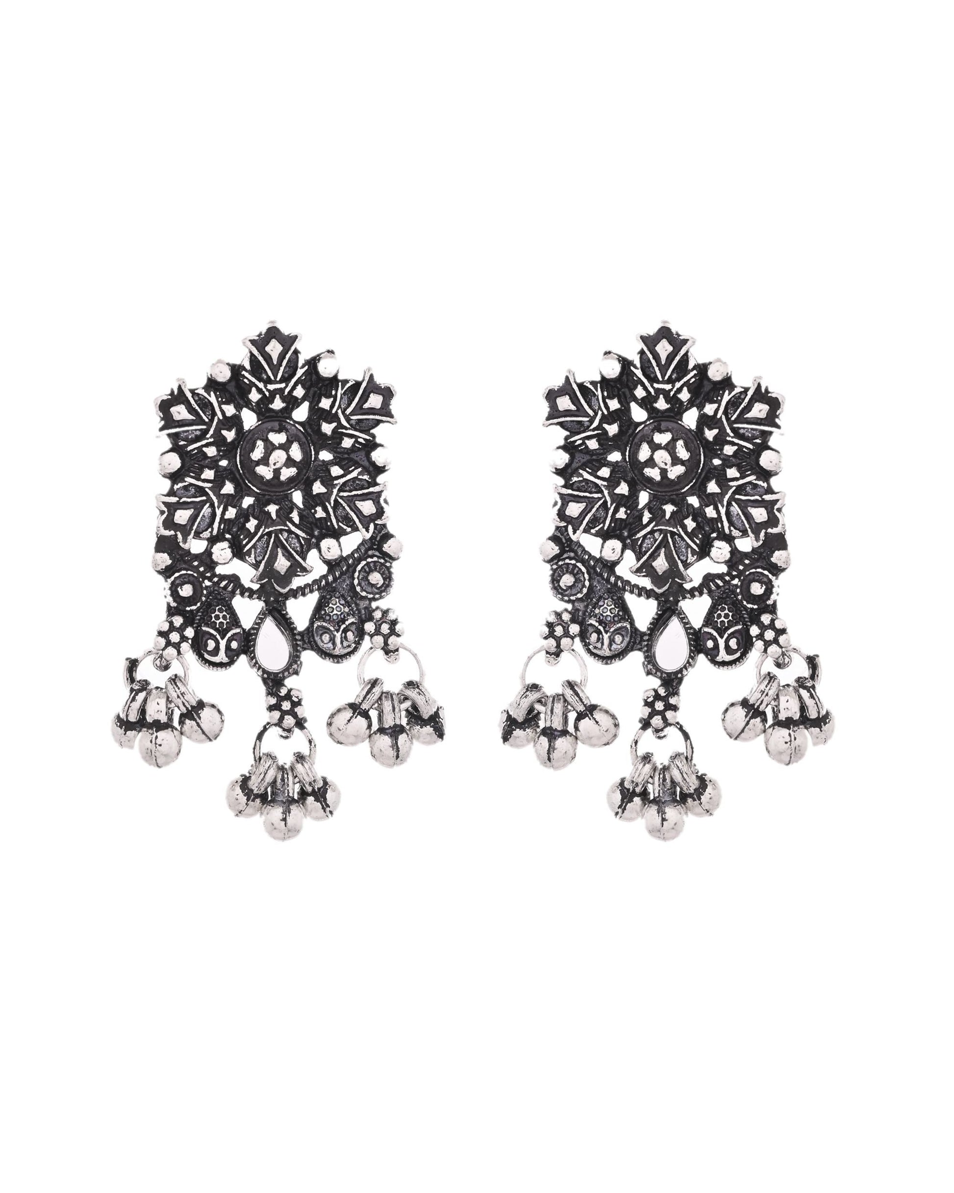 VOJ Oxidized Silver-Plated Artificial Stone And Beaded Long Jewellery Set - Swadesiicart