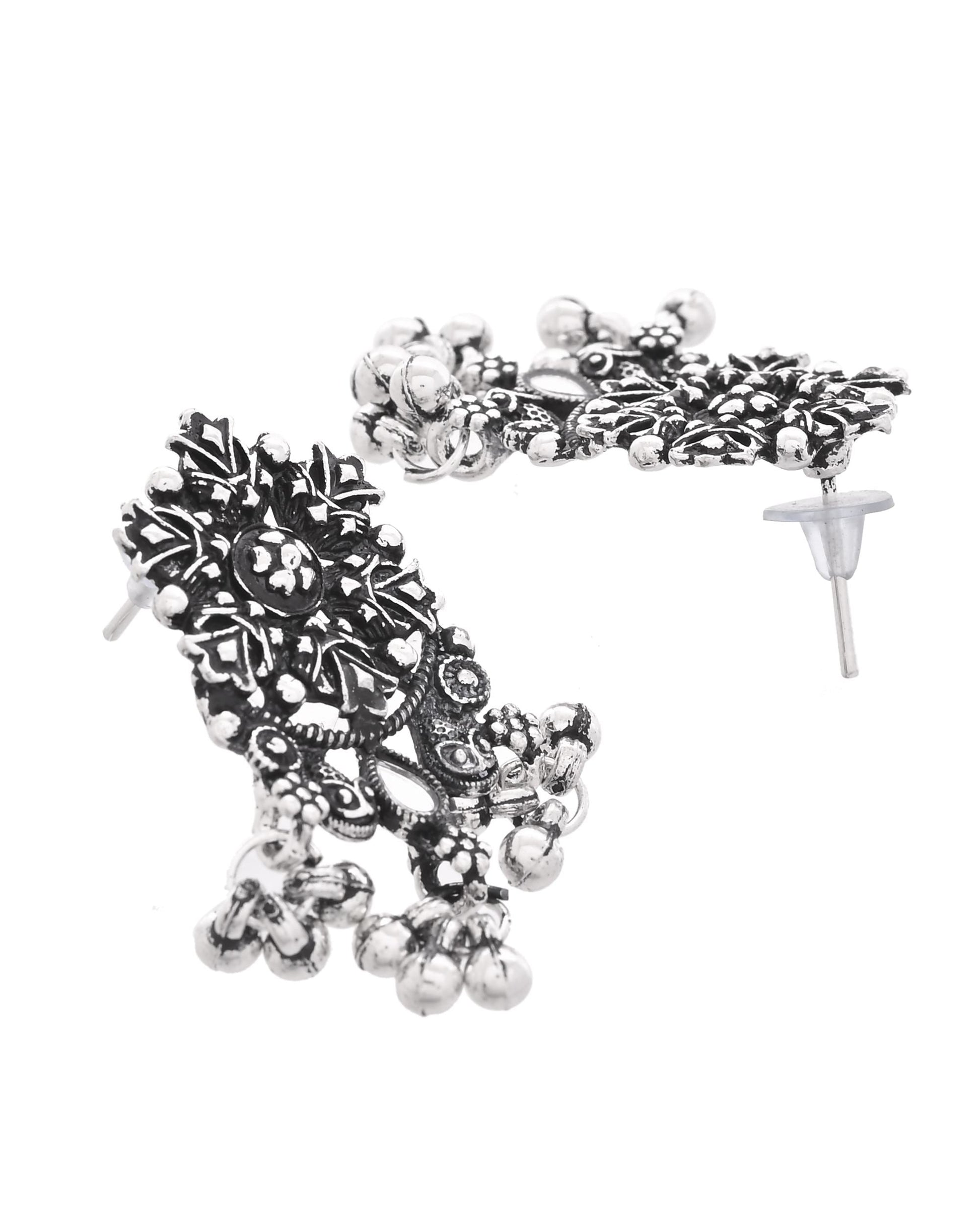 VOJ Oxidized Silver-Plated Artificial Stone And Beaded Long Jewellery Set - Swadesiicart