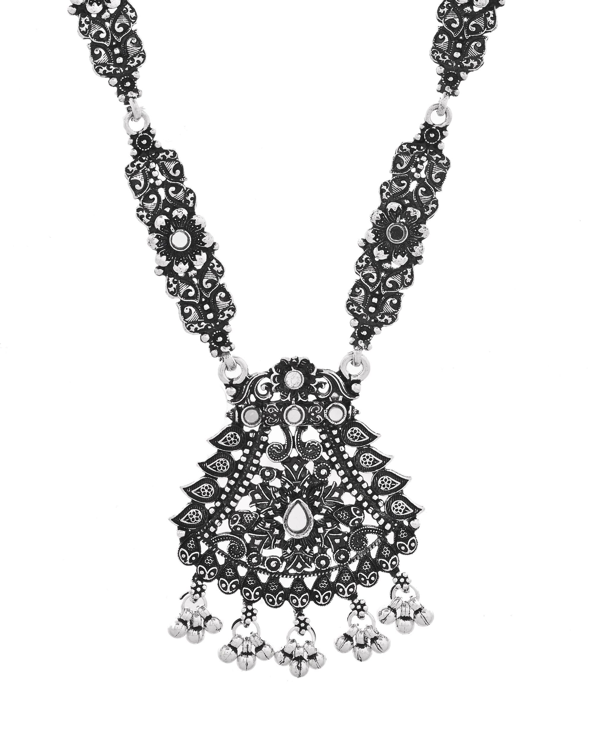 VOJ Oxidized Silver-Plated Artificial Stone And Beaded Long Jewellery Set - Swadesiicart