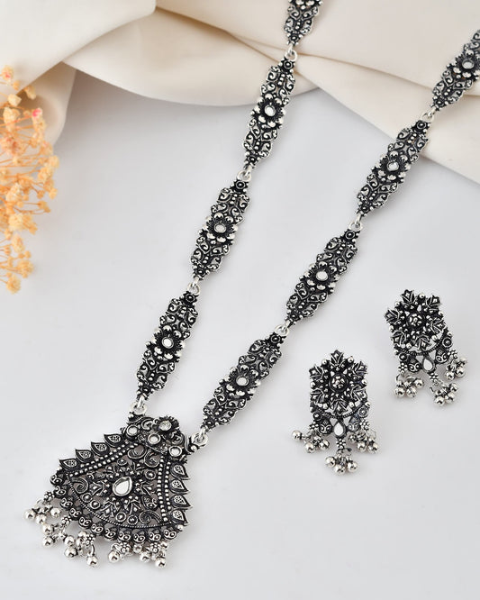 VOJ Oxidized Silver-Plated Artificial Stone And Beaded Long Jewellery Set - Swadesiicart