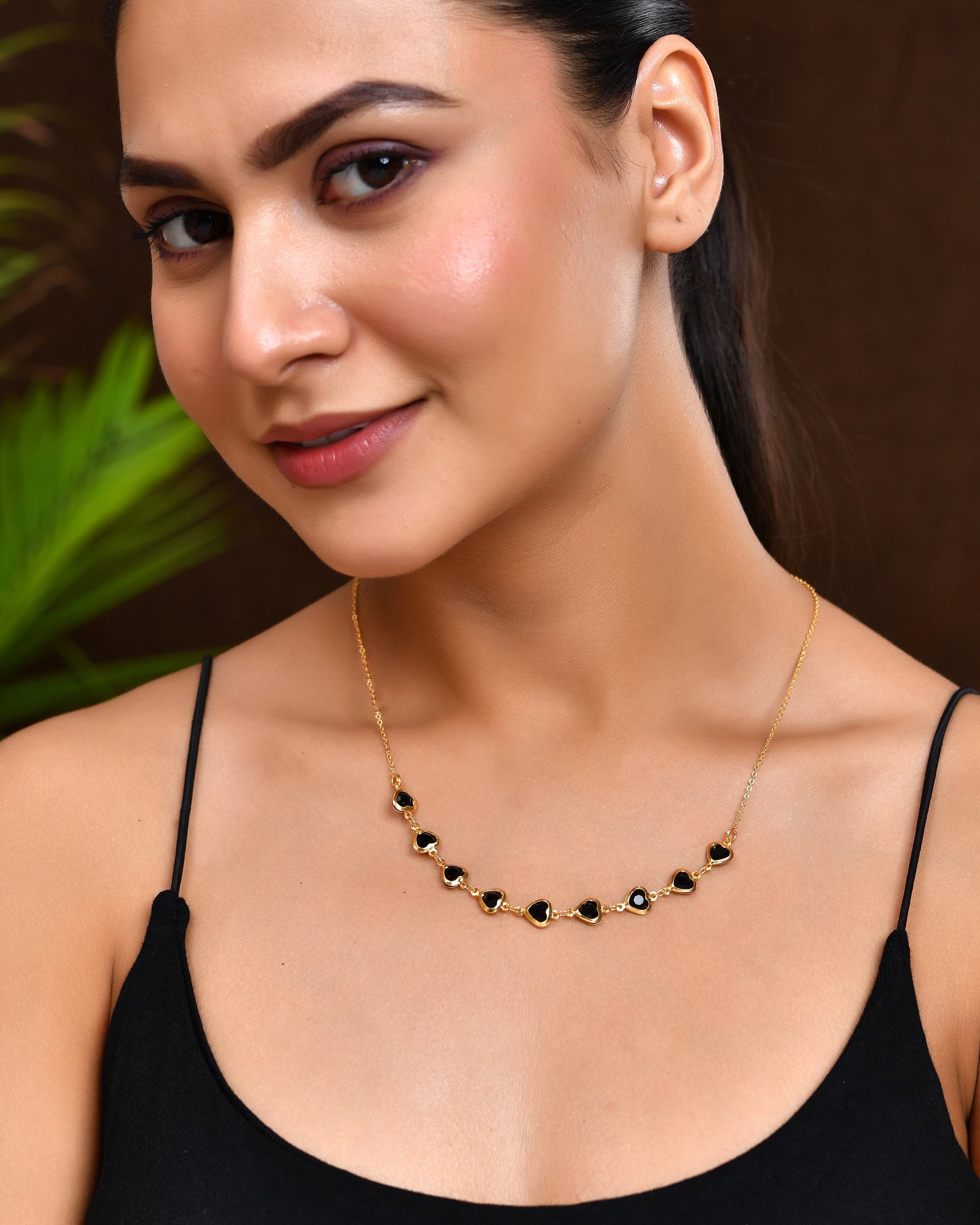 VOJ Gold Polished Stainless Steel Black Hear Shaped Stone Chain - Swadesiicart