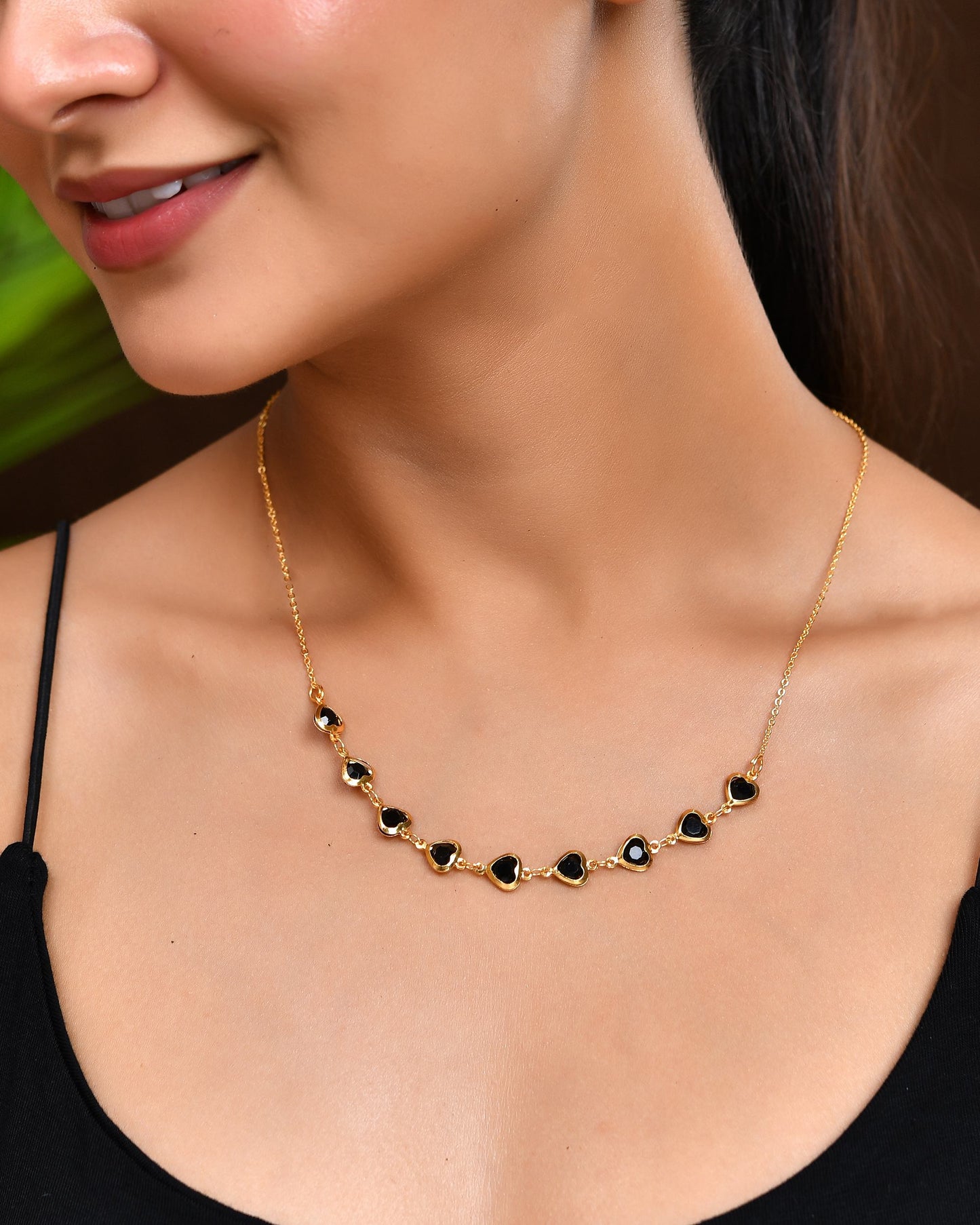 VOJ Gold Polished Stainless Steel Black Hear Shaped Stone Chain - Swadesiicart