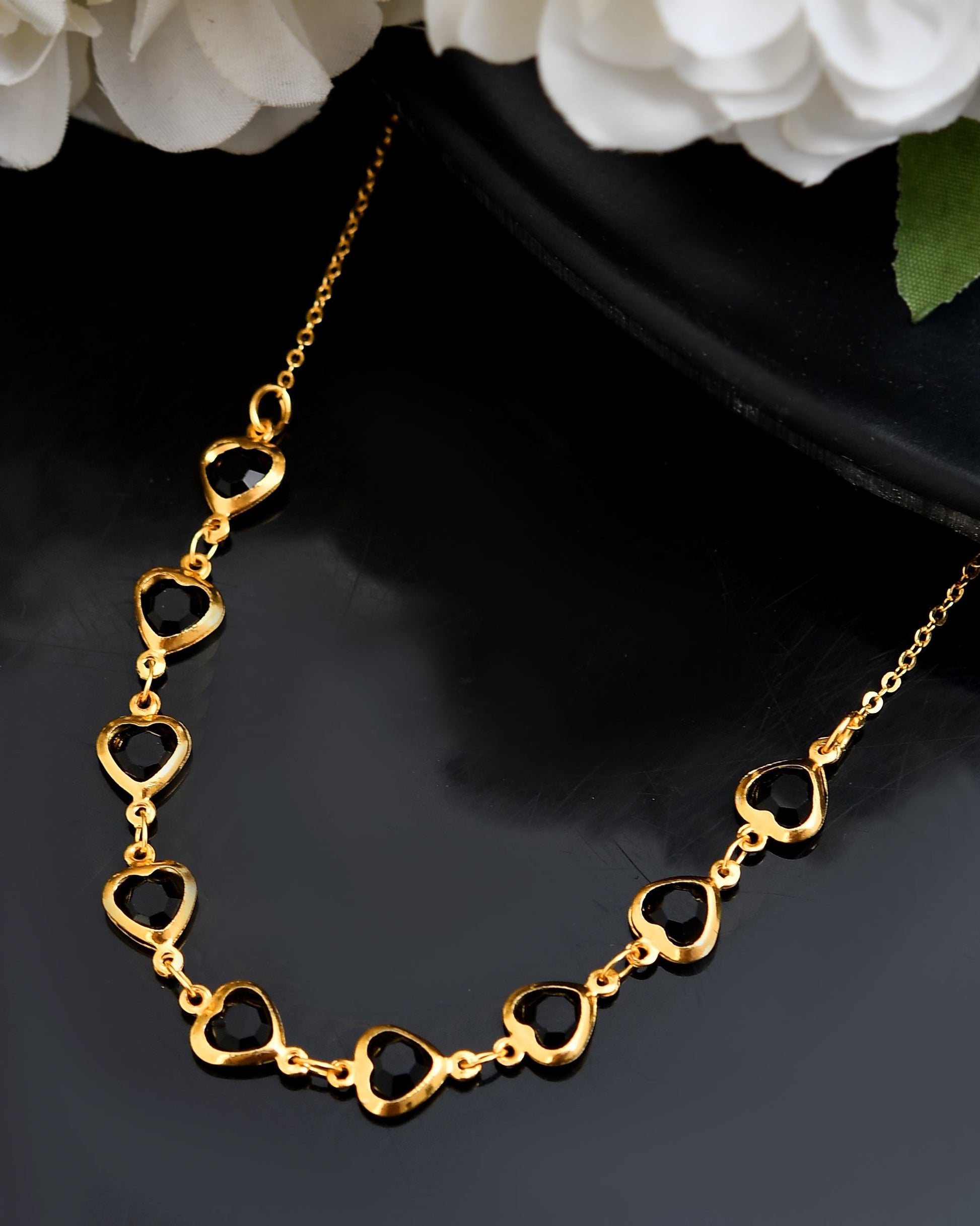 VOJ Gold Polished Stainless Steel Black Hear Shaped Stone Chain - Swadesiicart