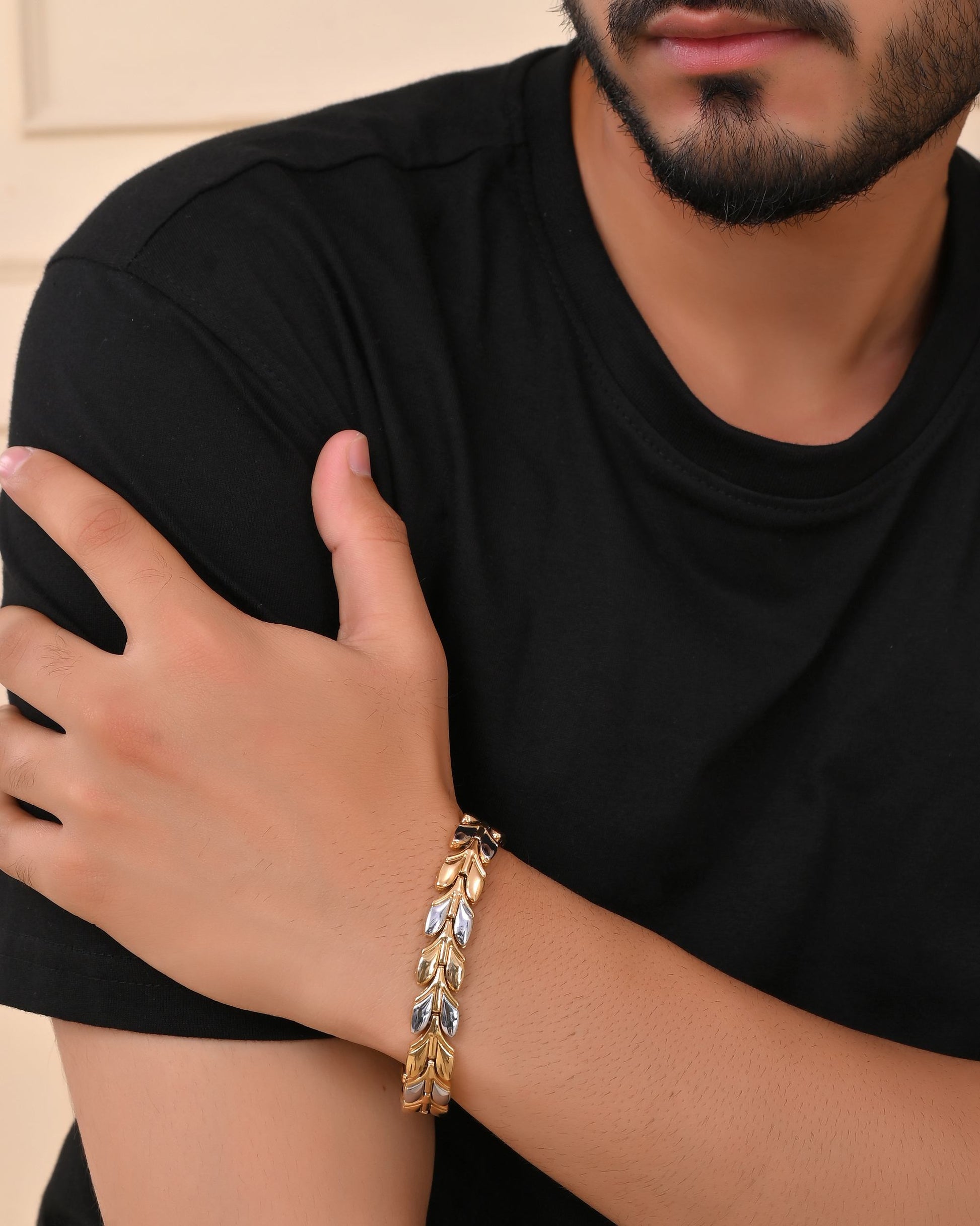 VOJ Gold Toned & Silver-Toned Stainless Steel Magnetic Wheat Chain Bracelet - Swadesiicart