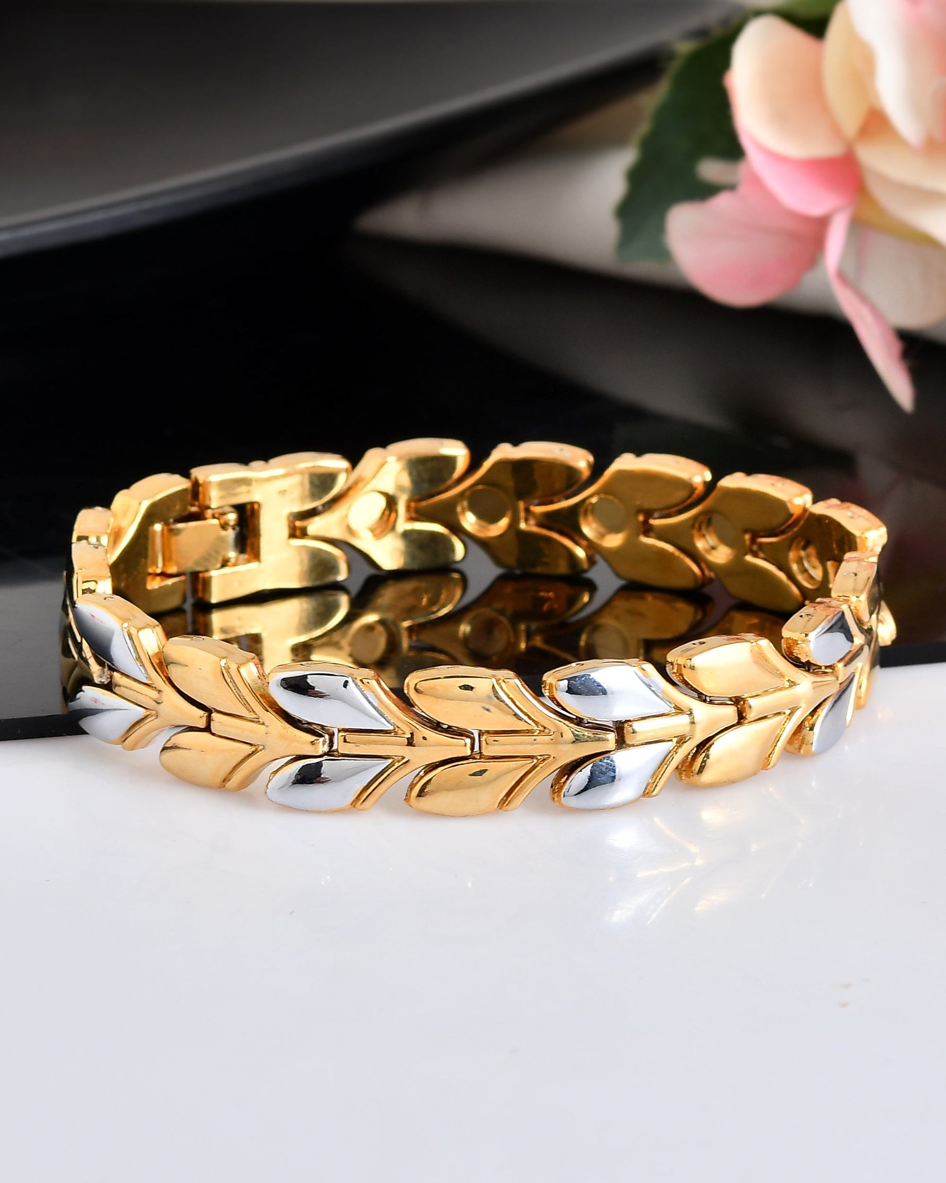 VOJ Gold Toned & Silver-Toned Stainless Steel Magnetic Wheat Chain Bracelet - Swadesiicart