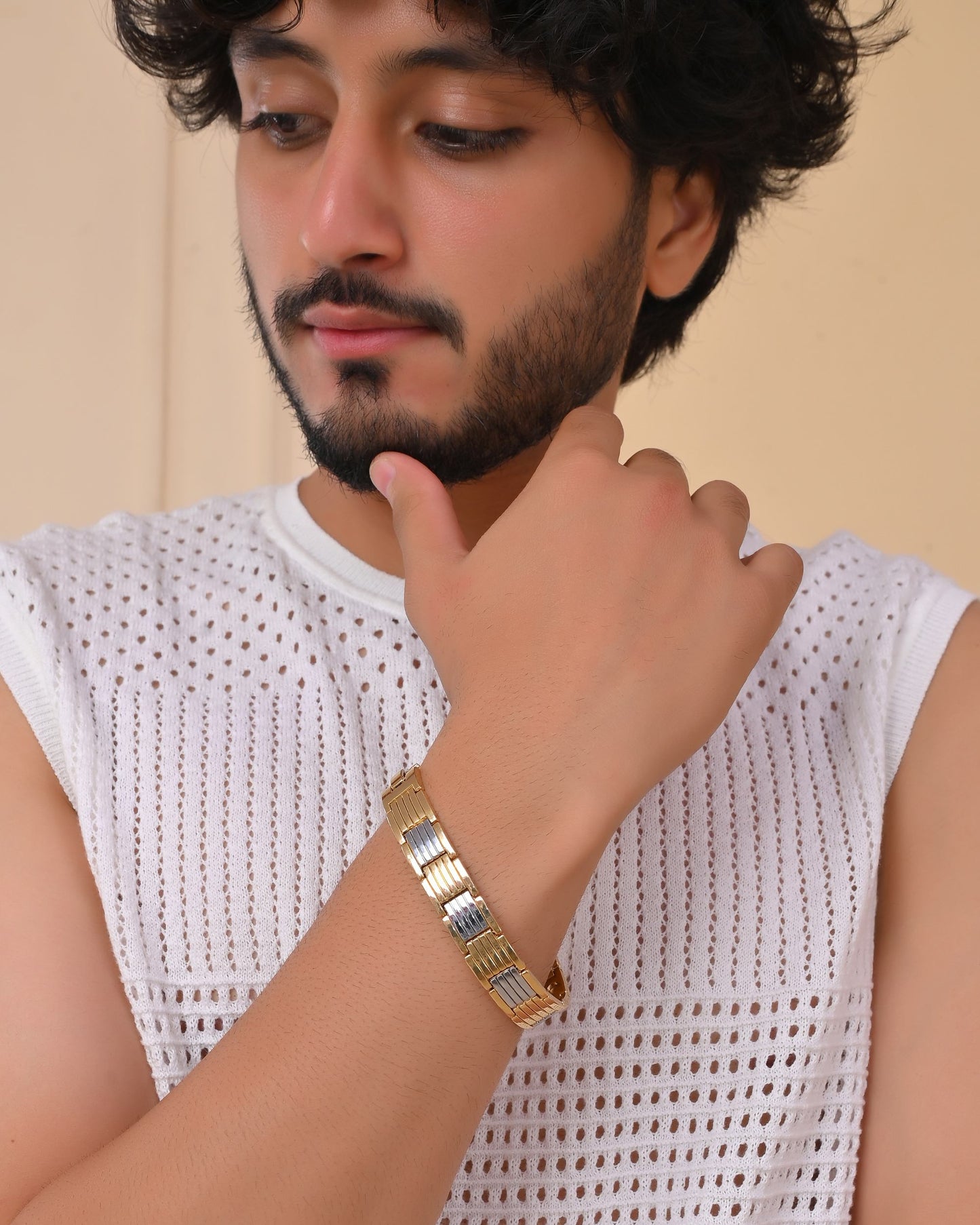 VOJ Men Silver & Gold-Toned Link Bio Energy Bracelet - Swadesiicart