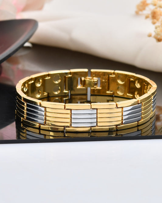 VOJ Men Silver & Gold-Toned Link Bio Energy Bracelet - Swadesiicart