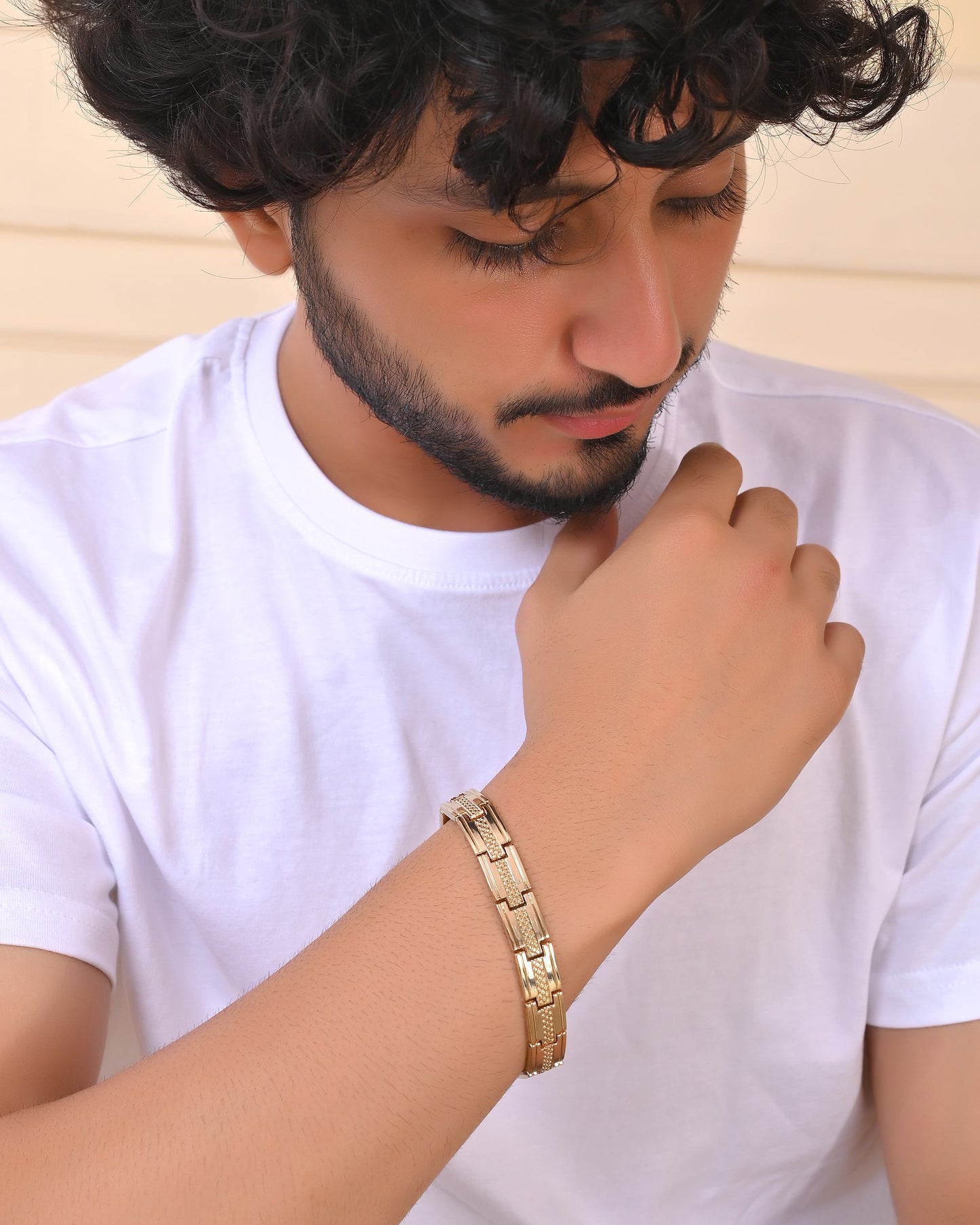 VOJ Men Gold-Toned Stainless Steel Grid Pattern Chain Bracelet - Swadesiicart