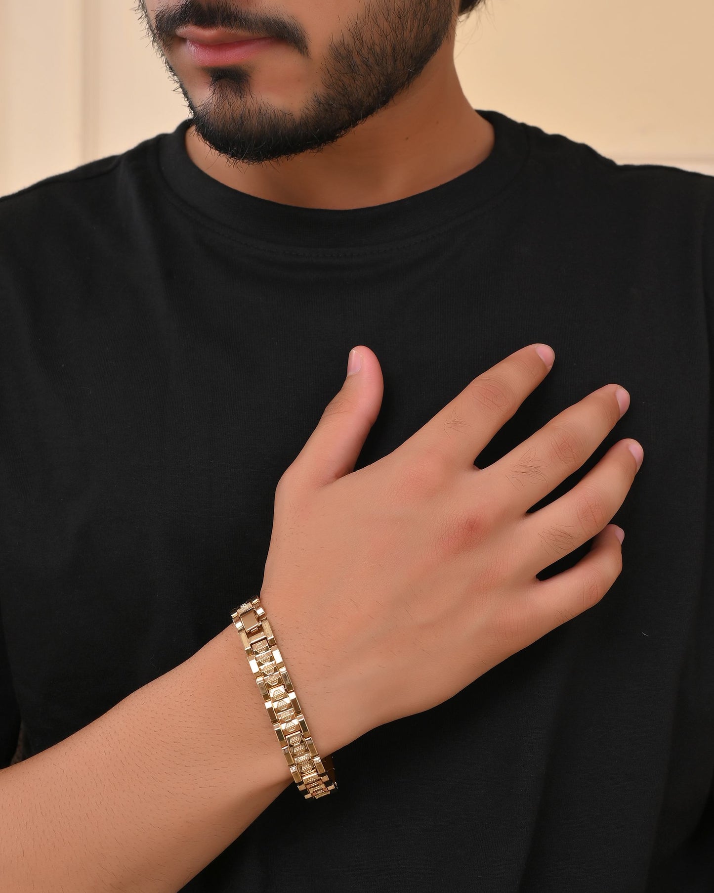 VOJ Men's Gold-Toned Textured Tungsten Steel Magnetic Bracelet - Swadesiicart