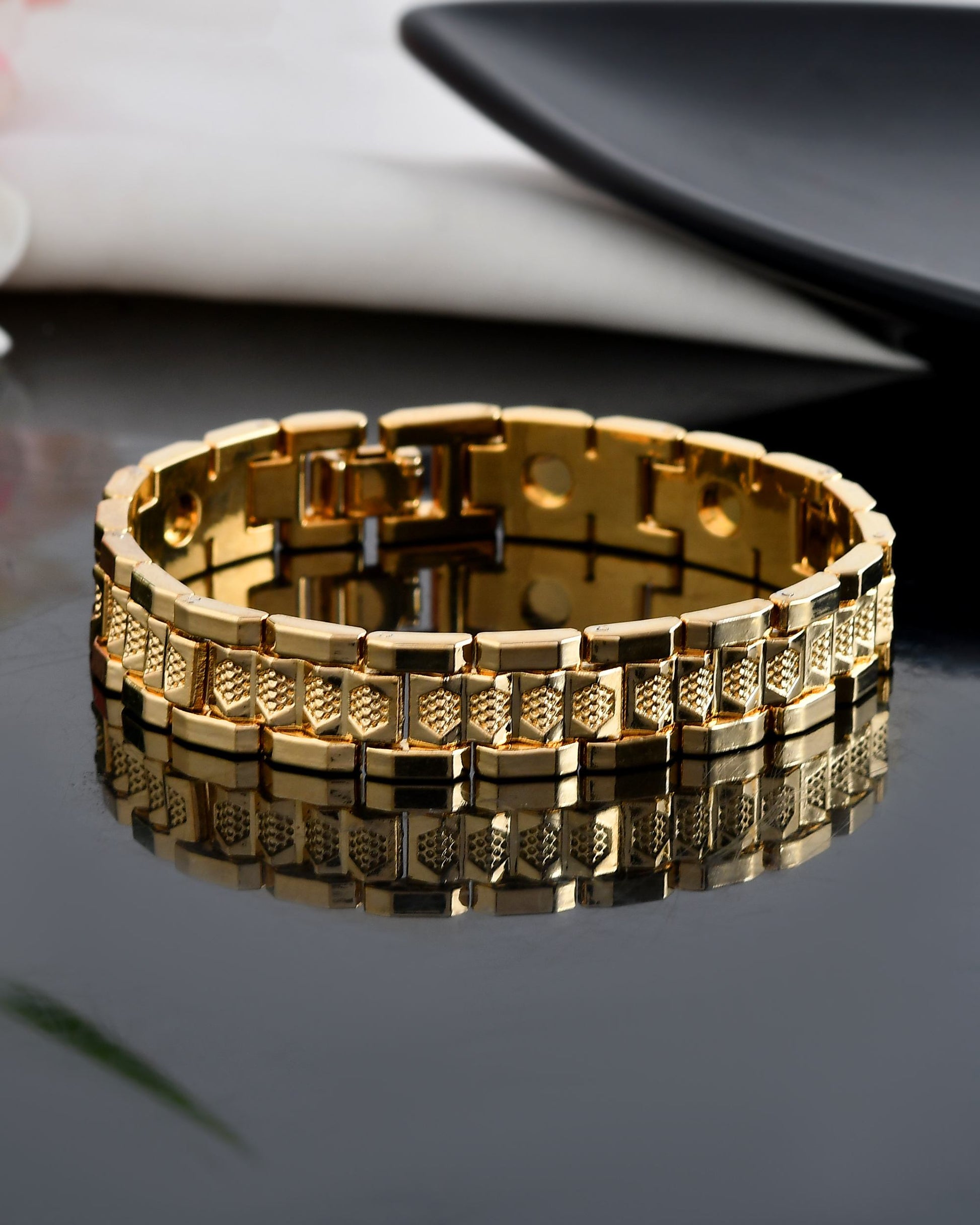 VOJ Men's Gold-Toned Textured Tungsten Steel Magnetic Bracelet - Swadesiicart