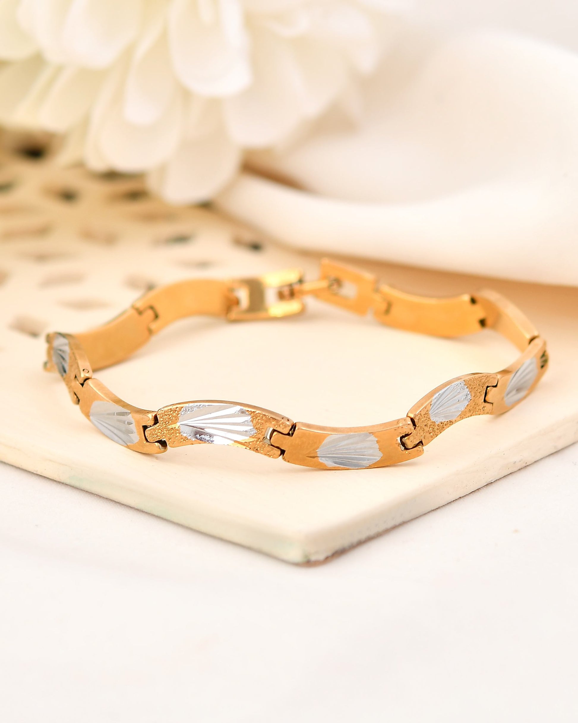 VOJ Men Gold Polished & Silver-Toned Exquisite Waved Linked Bracelet - Swadesiicart