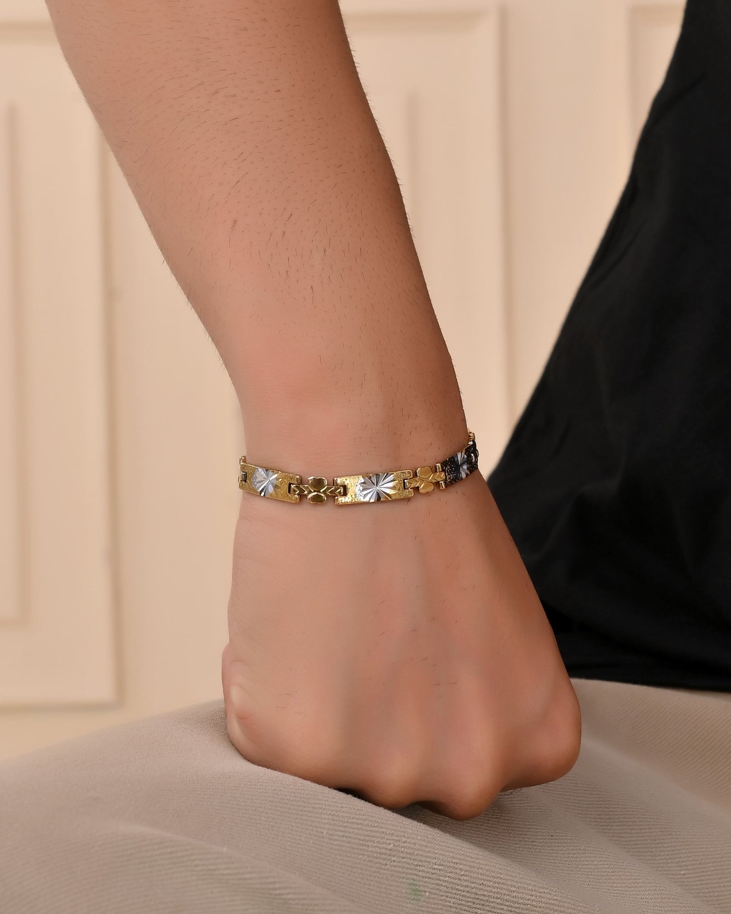 VOJ Men's Double Toned Stainless Steel Textural Linked Bracelet - Swadesiicart