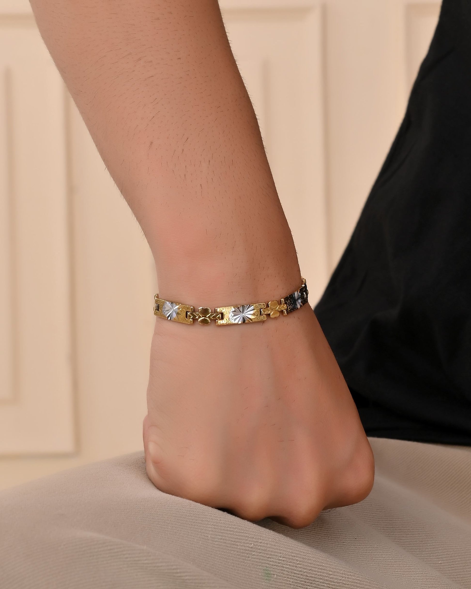 VOJ Men's Double Toned Stainless Steel Textural Linked Bracelet - Swadesiicart