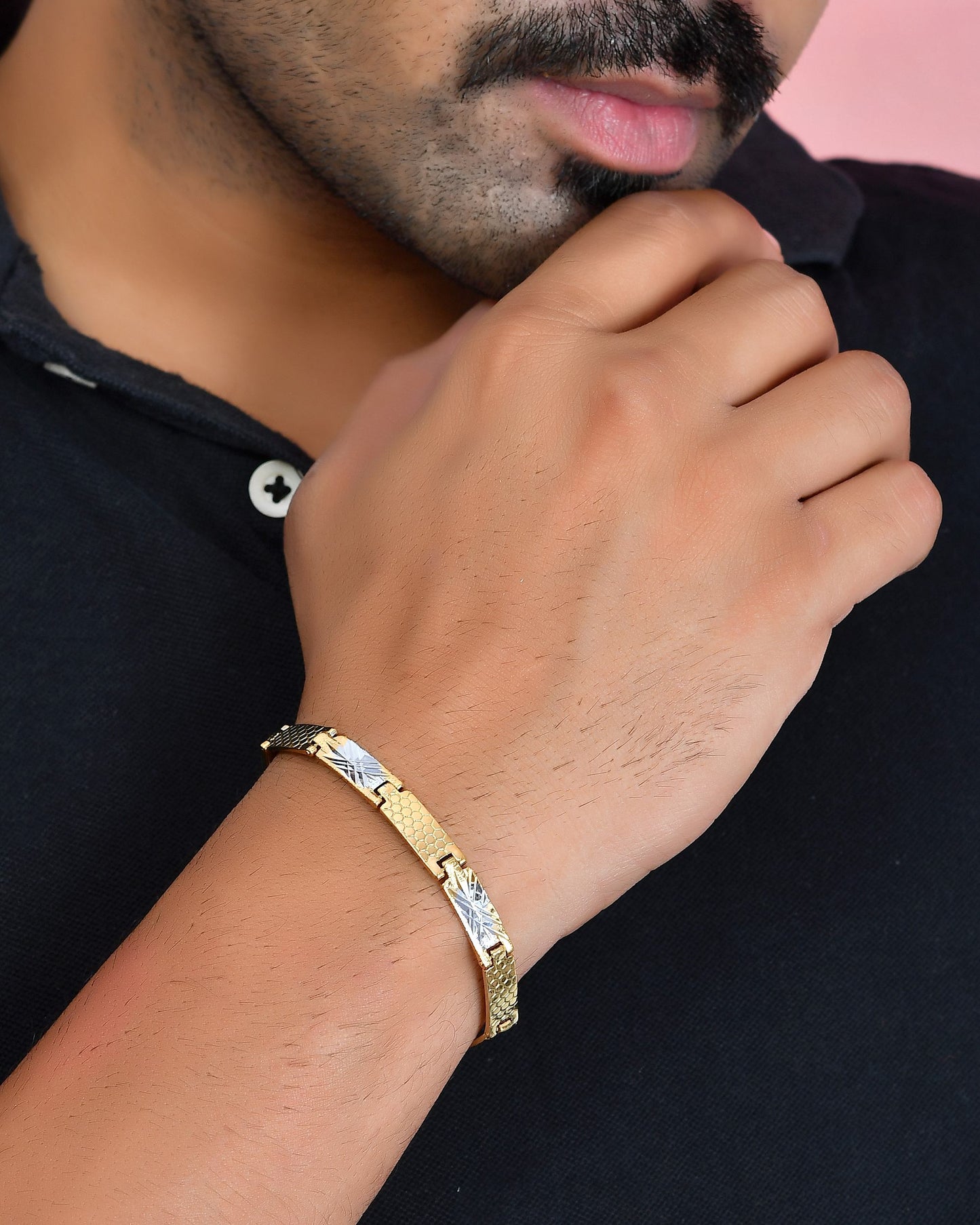 VOJ Dual Toned Alloy Textural Bracelet For Men - Swadesiicart