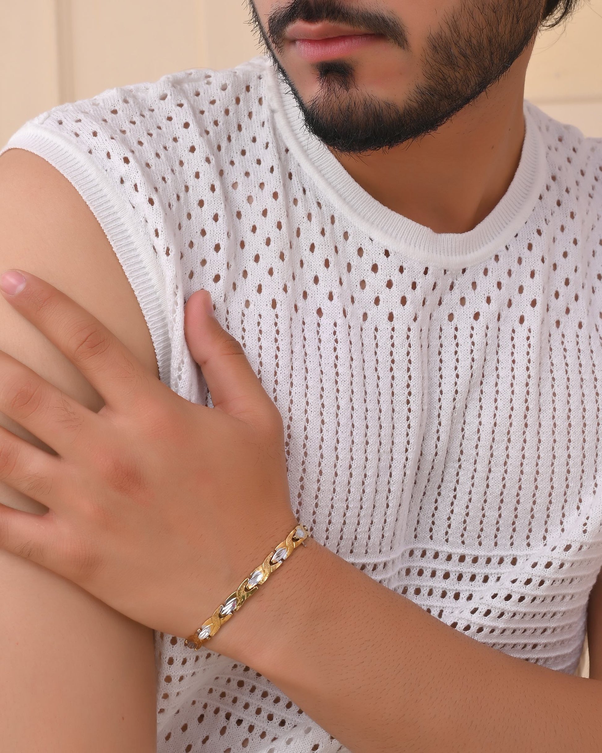 VOJ Gold And Silver Toned Stainless Steel Textural Linked Bracelet For Men - Swadesiicart