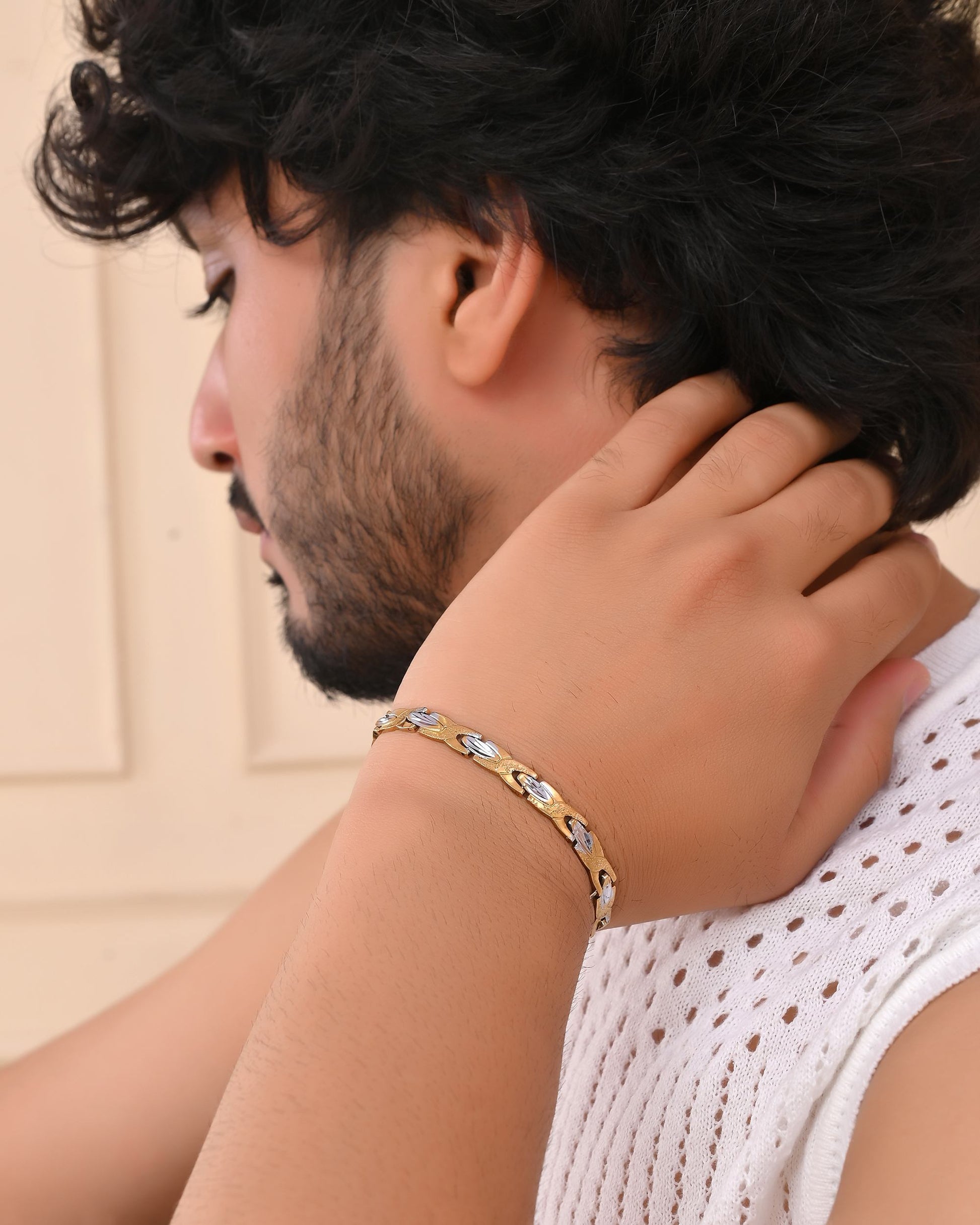 VOJ Gold And Silver Toned Stainless Steel Textural Linked Bracelet For Men - Swadesiicart