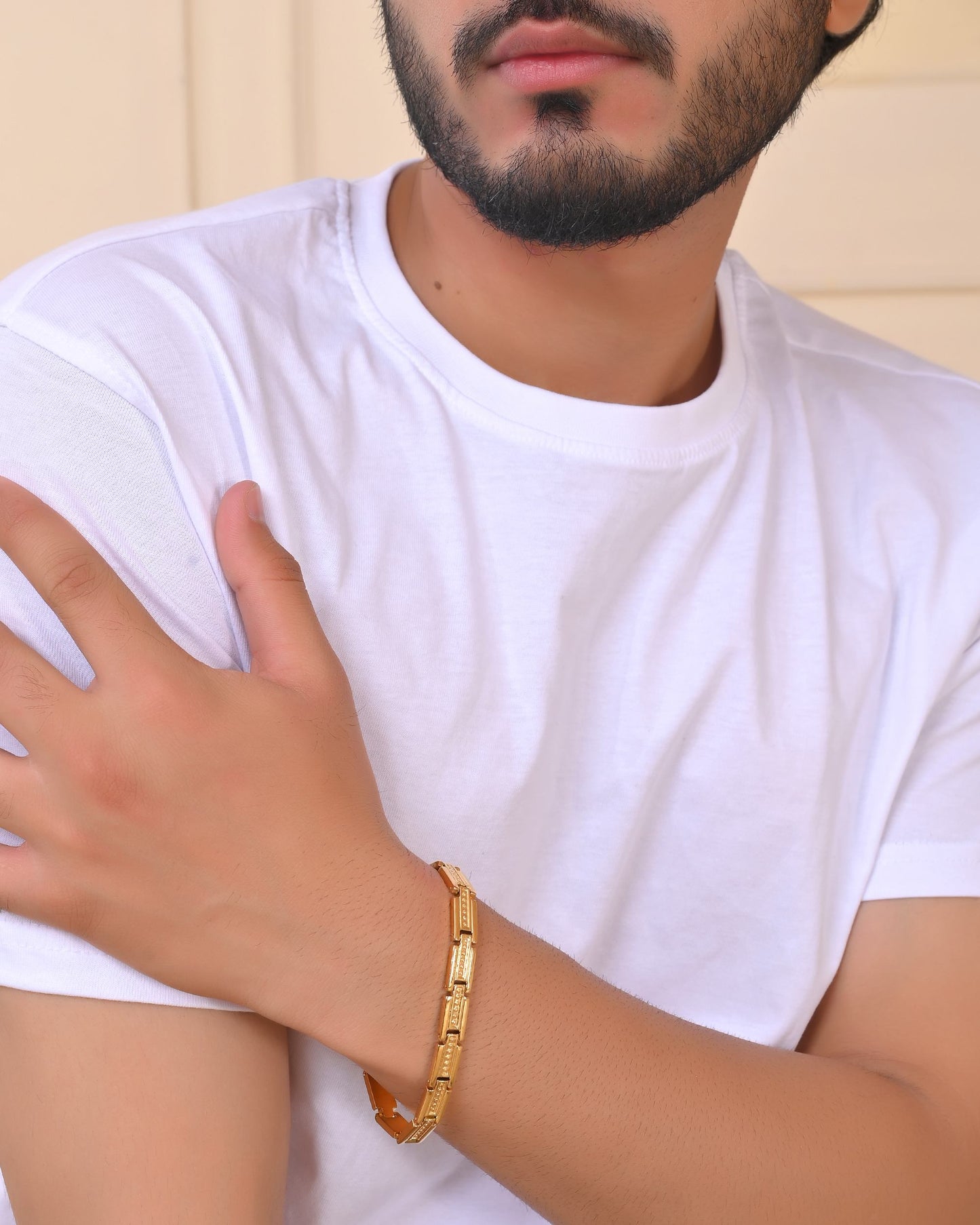VOJ Men Gold Polished Textural Link Bracelet - Swadesiicart