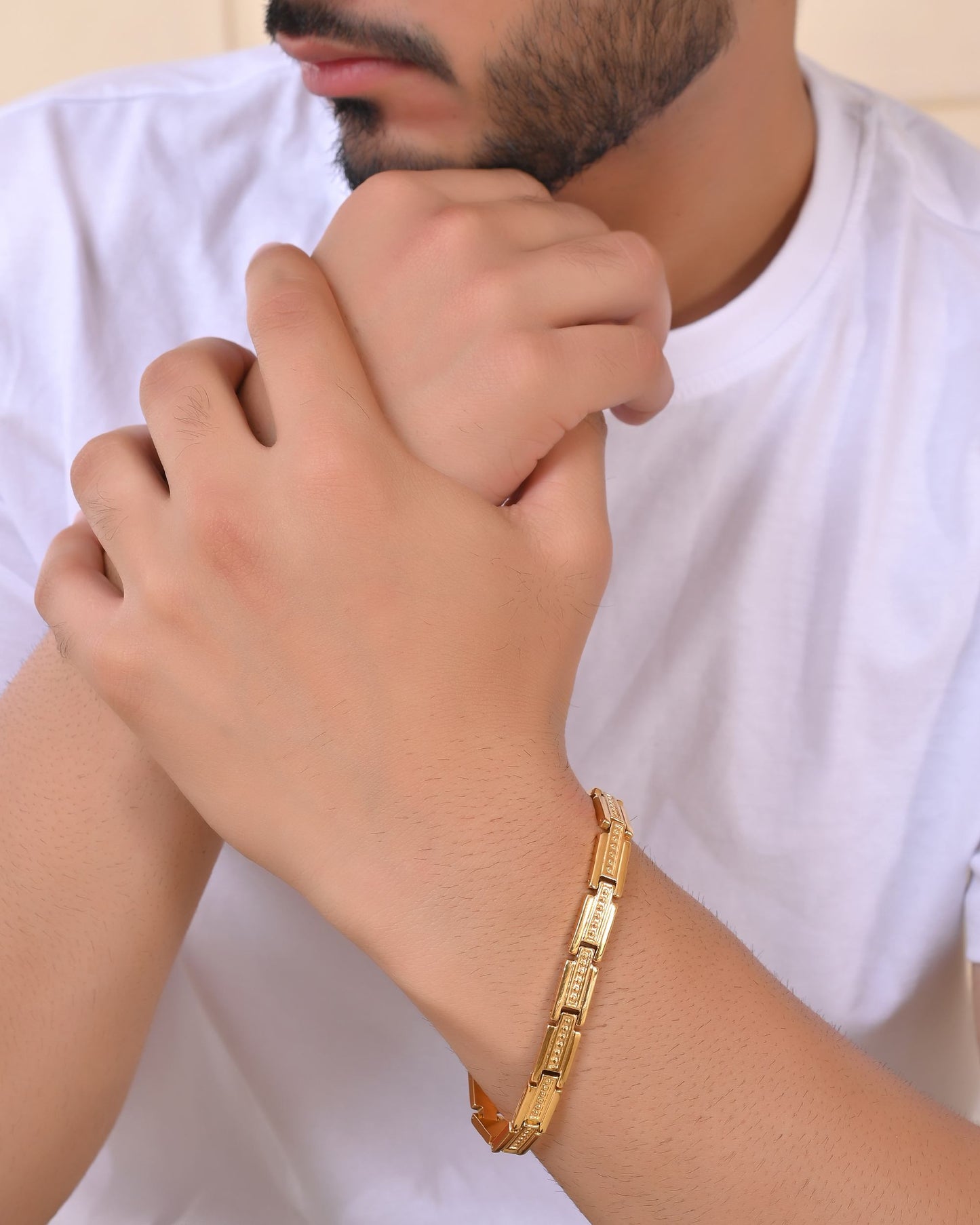 VOJ Men Gold Polished Textural Link Bracelet - Swadesiicart