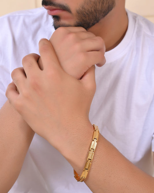 VOJ Men Gold Polished Textural Link Bracelet - Swadesiicart