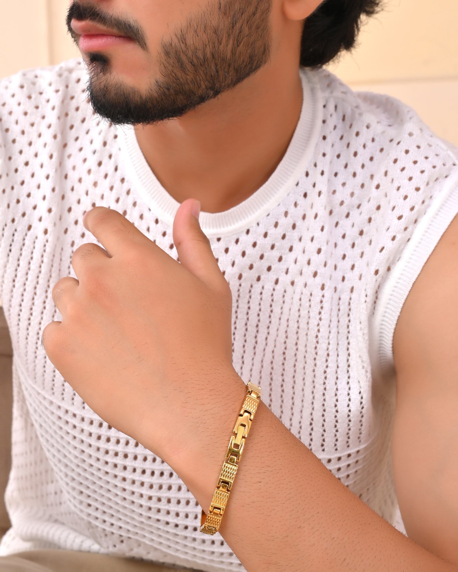 VOJ Men Gold-Toned Stainless Steel Linked Designer Chain Bracelet - Swadesiicart